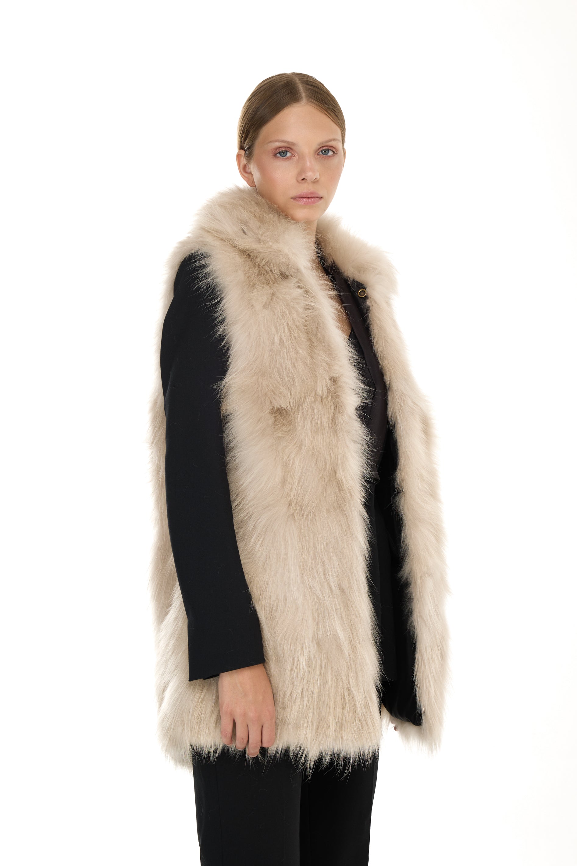 Elegant BEIGE Parka with High Collar and Removable Fur Vest