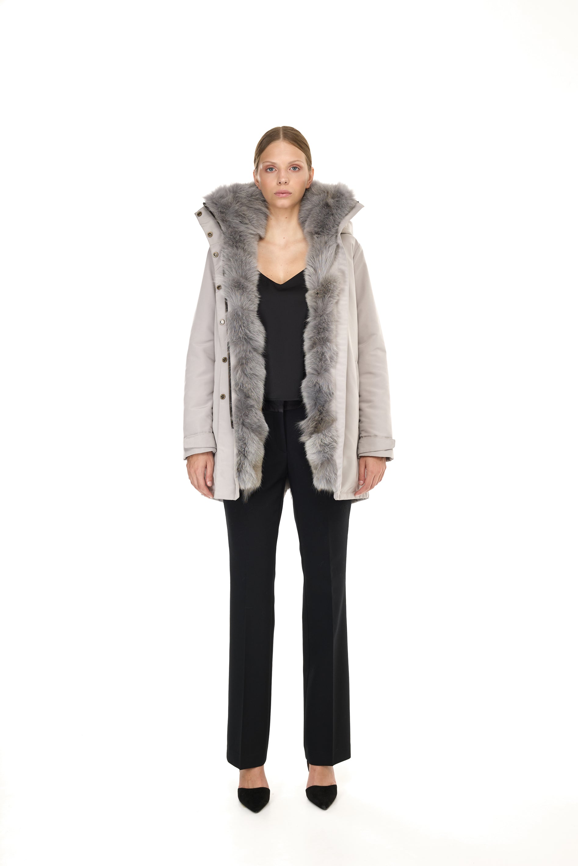 Elegant GRAY Parka with High Collar and Removable Fur Vest