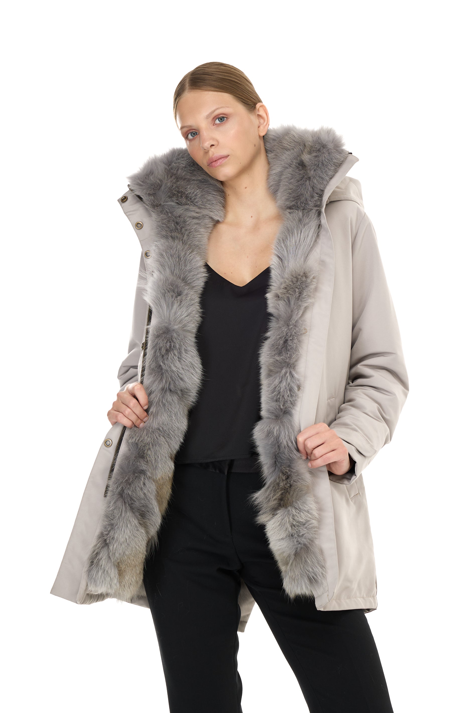 Parka Elegant GREY con Collo Alto e Gilet in pelliccia Removibile