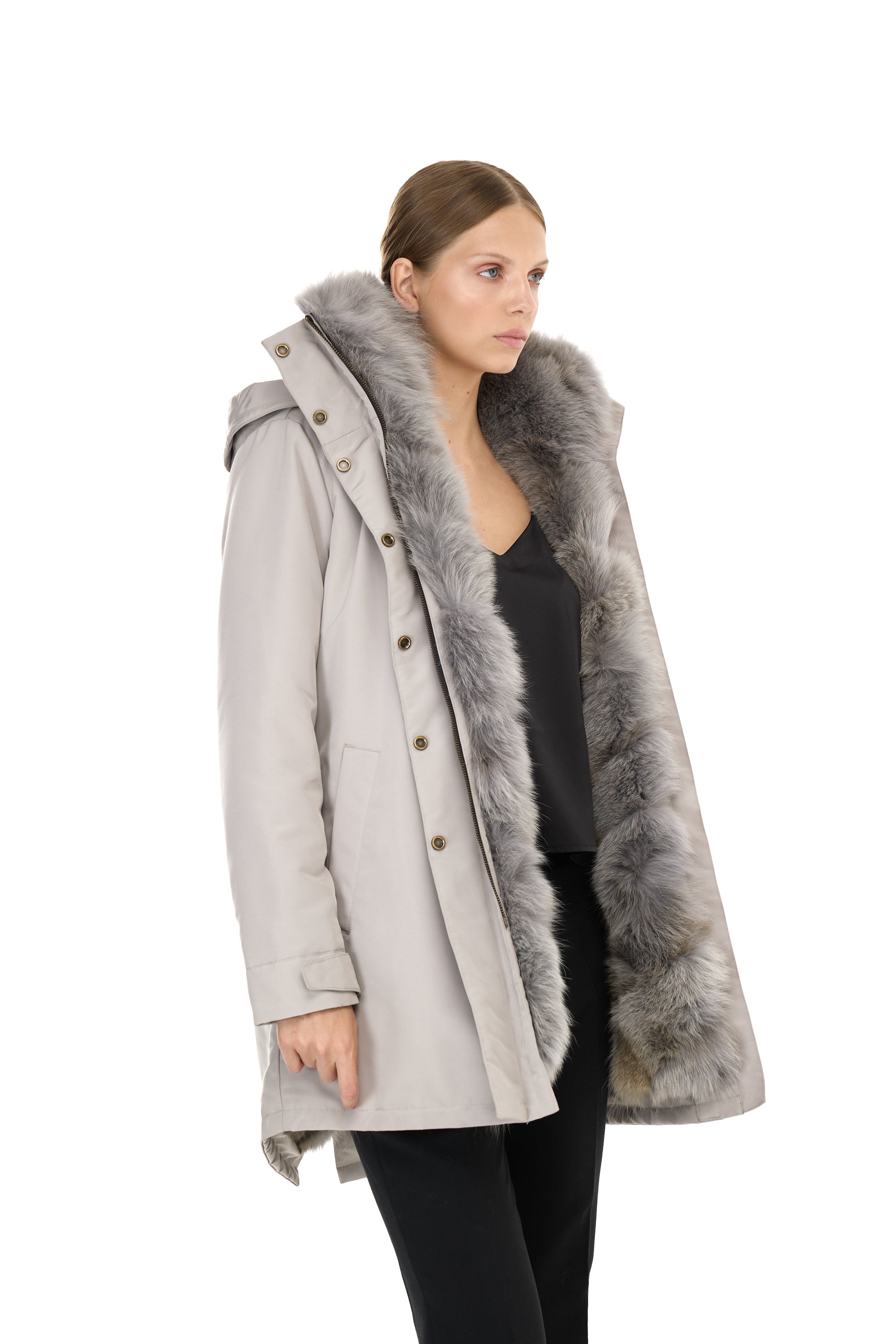Elegant GRAY Parka with High Collar and Removable Fur Vest