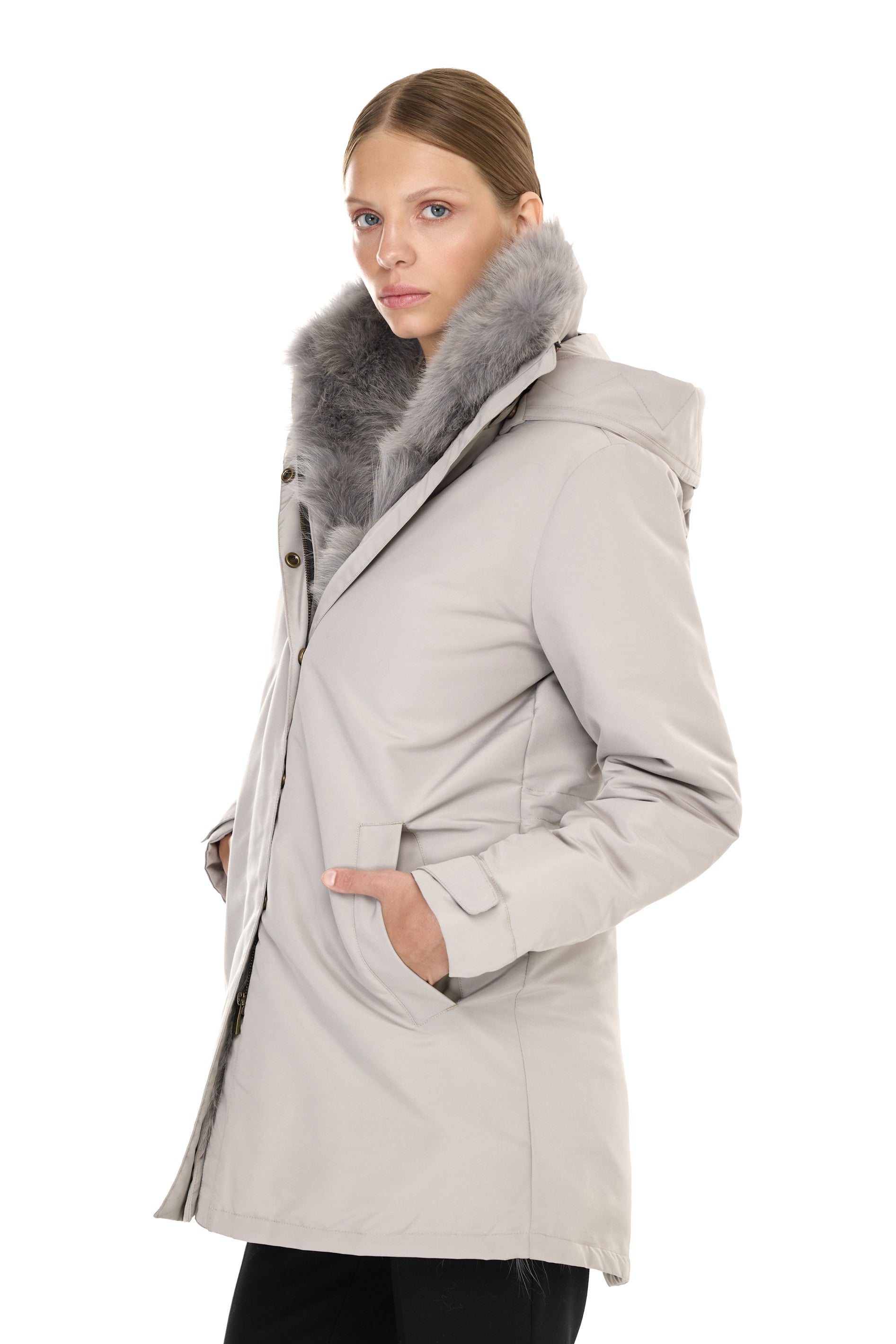 Parka Elegant GREY con Collo Alto e Gilet in pelliccia Removibile