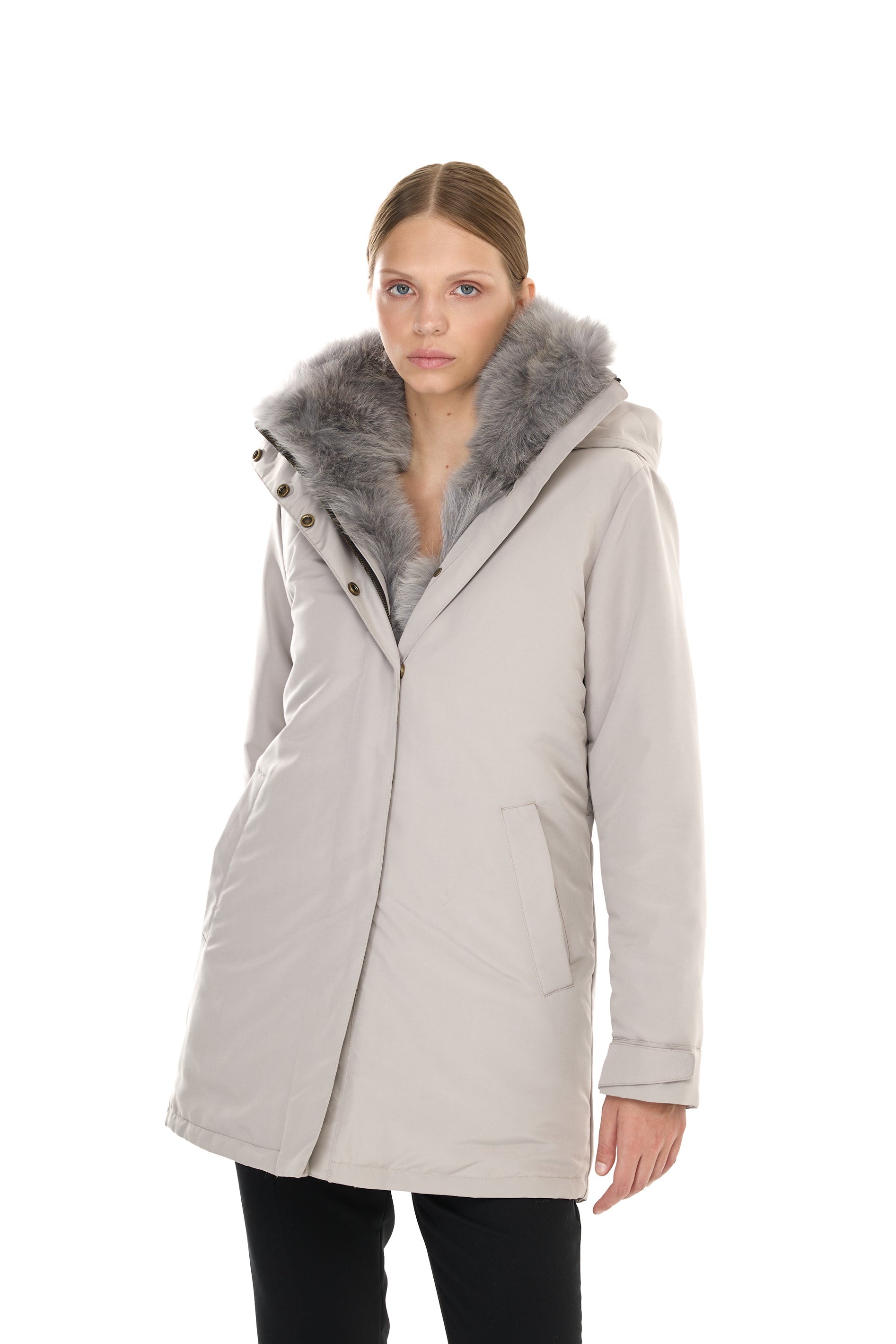 Elegant GRAY Parka with High Collar and Removable Fur Vest