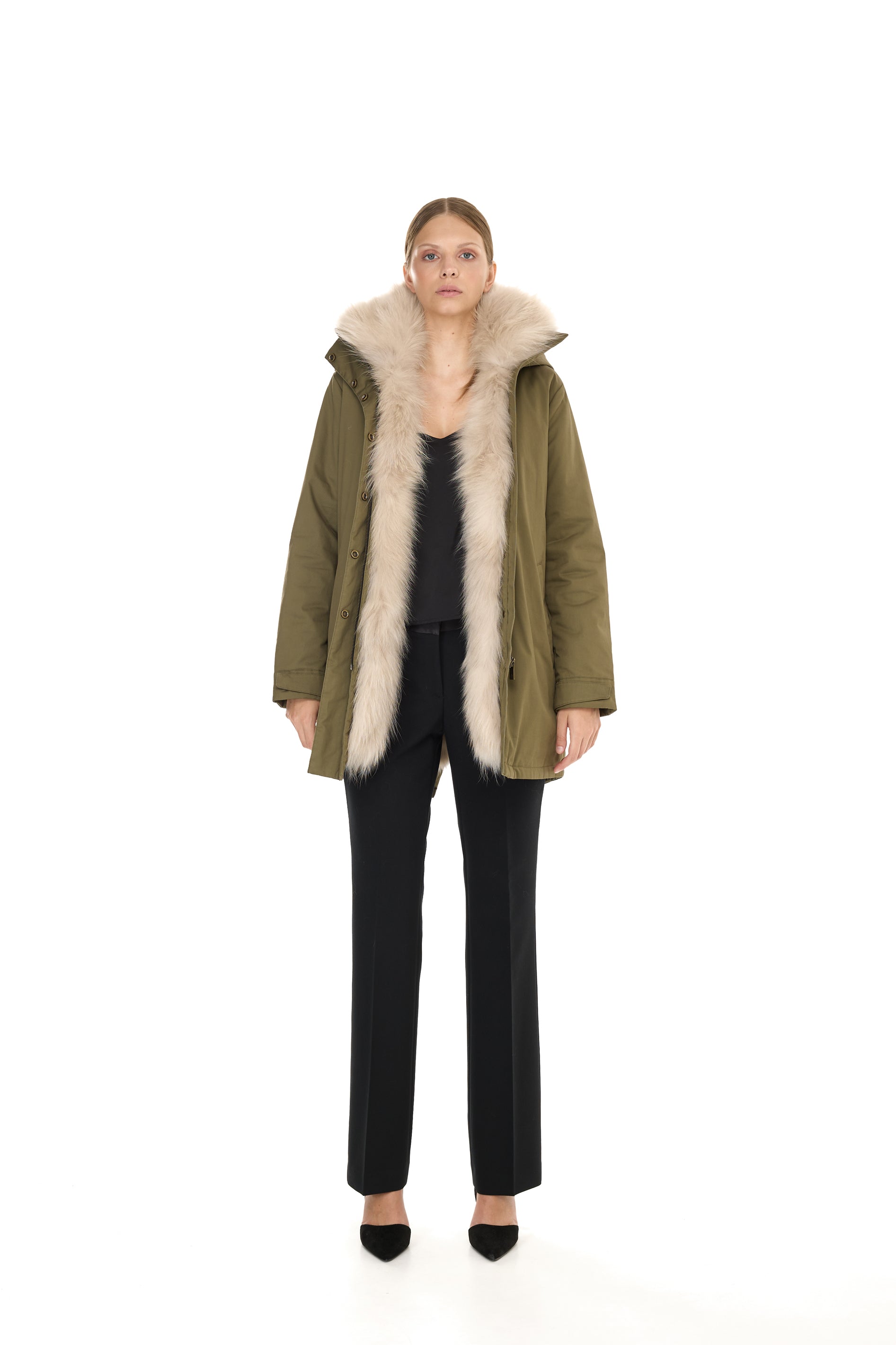 Elegant BEIGE Parka with High Collar and Removable Fur Vest
