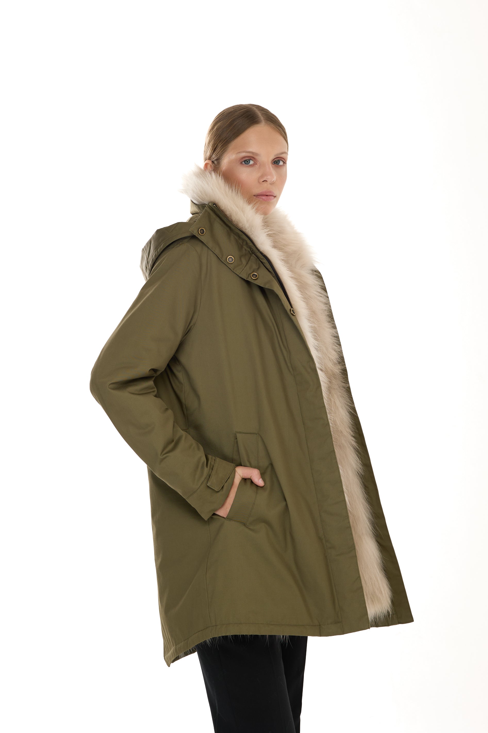 Parka Elegant BEIGE con Collo Alto e Gilet in pelliccia Removibile