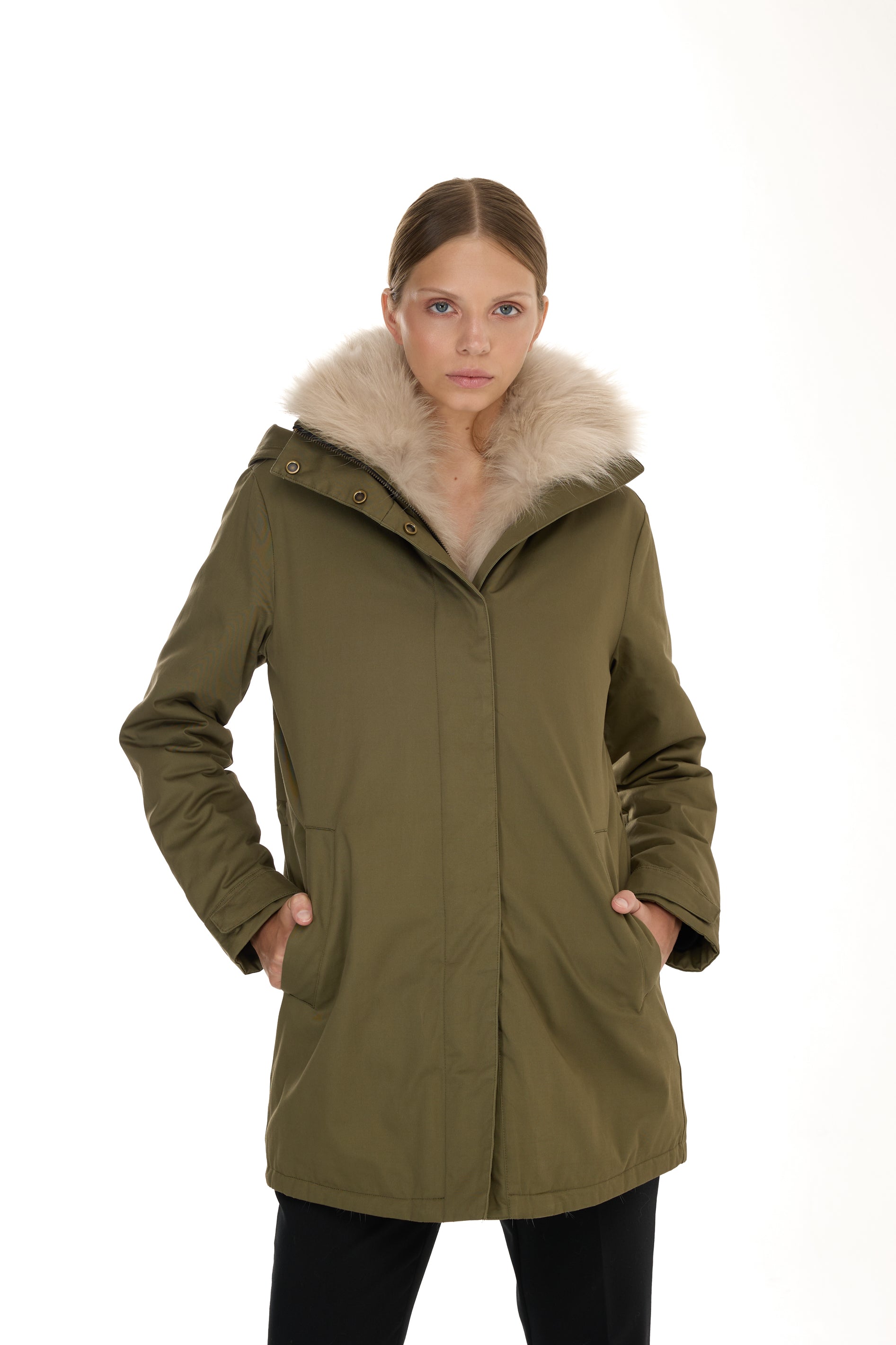 Elegant BEIGE Parka with High Collar and Removable Fur Vest