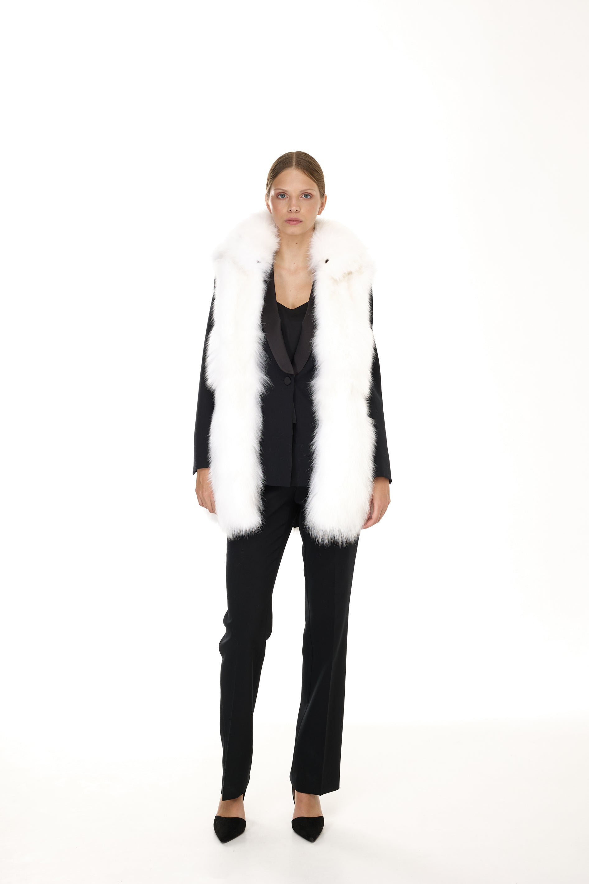 Elegant WHITE Parka with High Collar and Removable Fur Vest