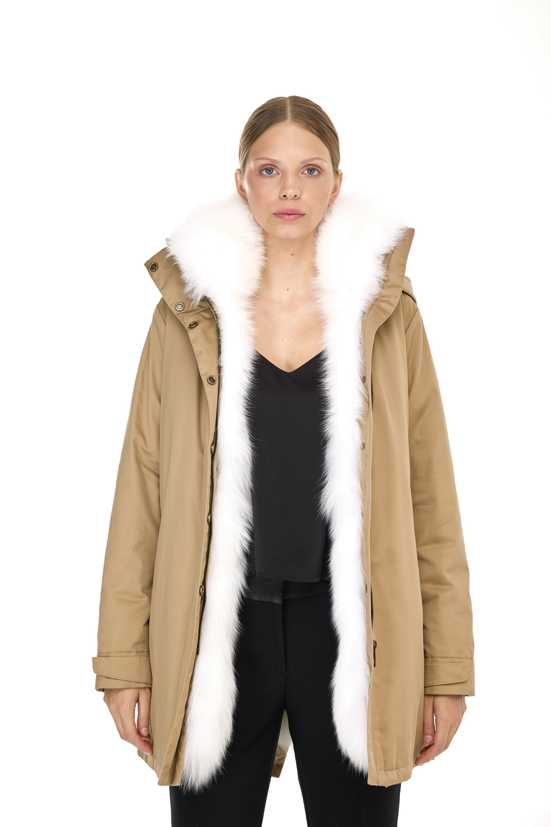 Elegant WHITE Parka with High Collar and Removable Fur Vest