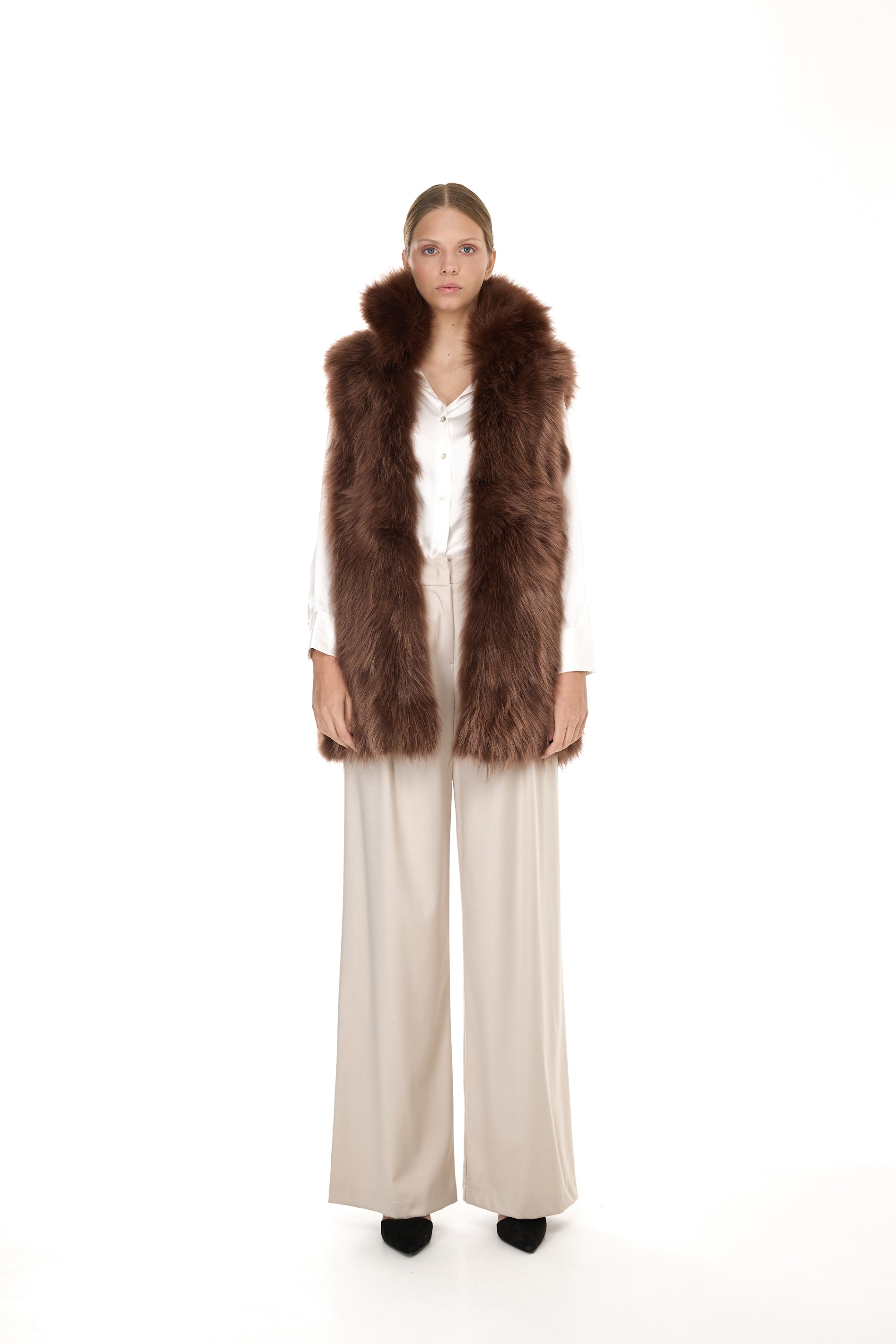 Elegant BROWN Parka with High Collar and Removable Fur Vest