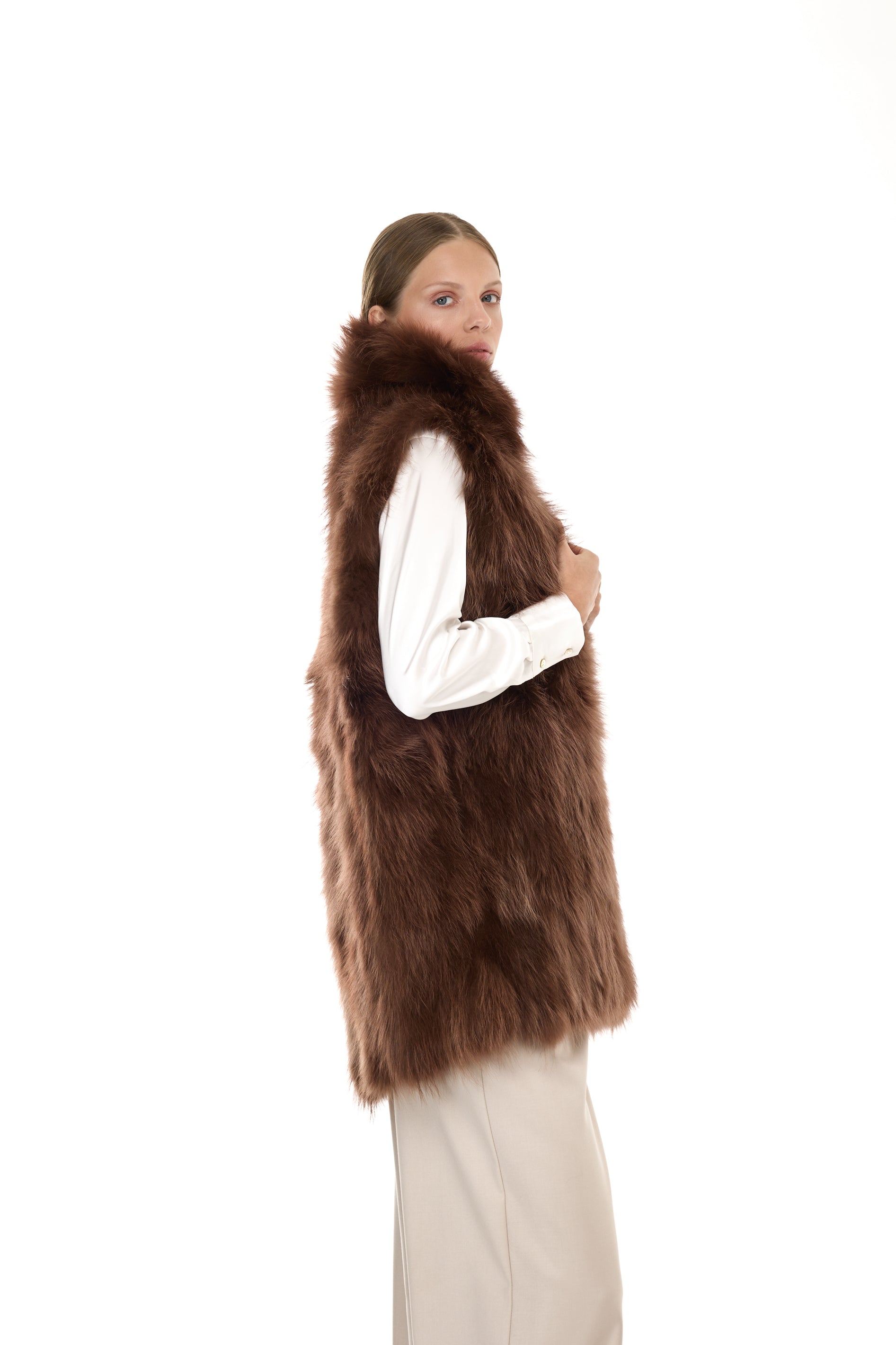 Parka x-long Elegant BROWN con Collo Alto e Gilet in pelliccia Removibile