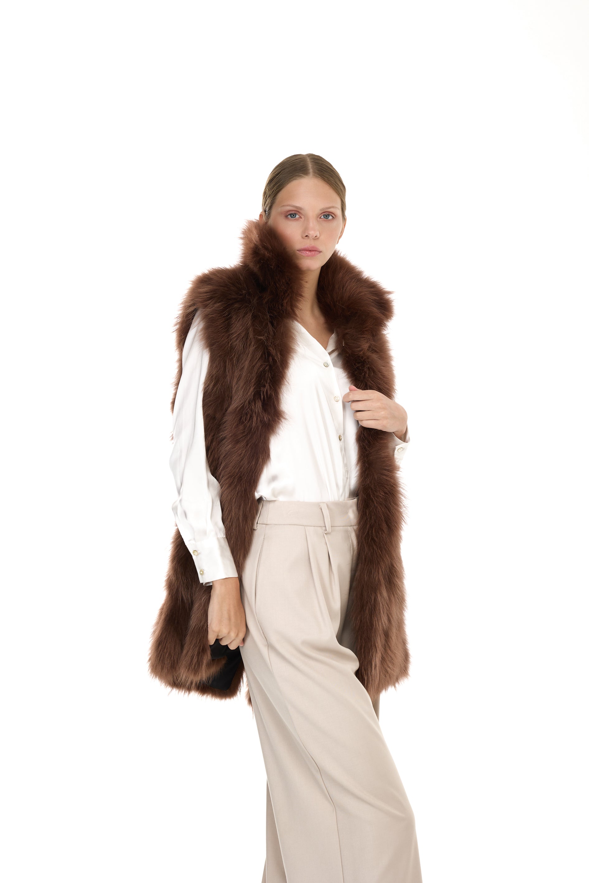 Parka Elegant BROWN con Collo Alto e Gilet in pelliccia Removibile