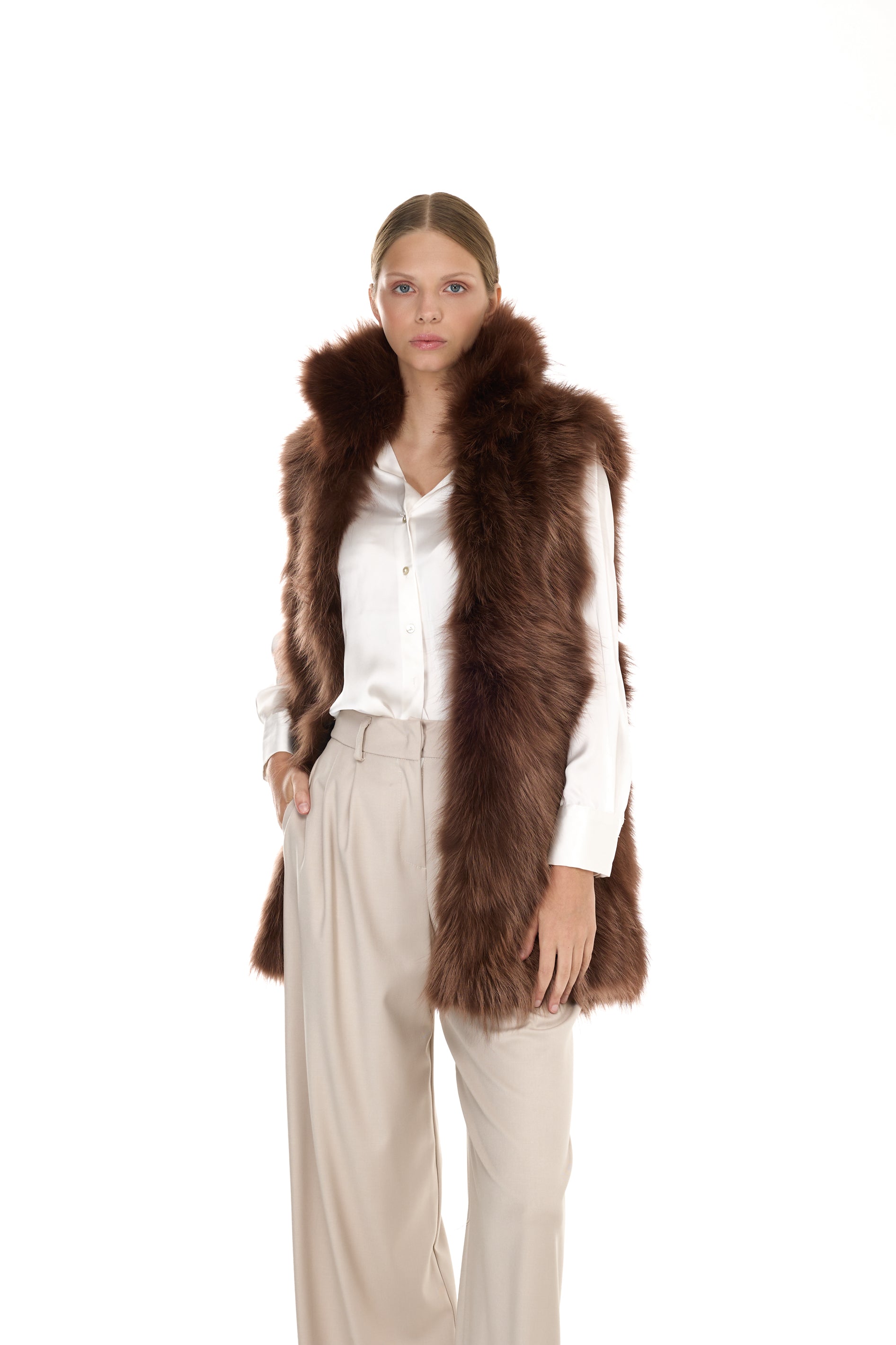 Elegant BROWN Parka with High Collar and Removable Fur Vest