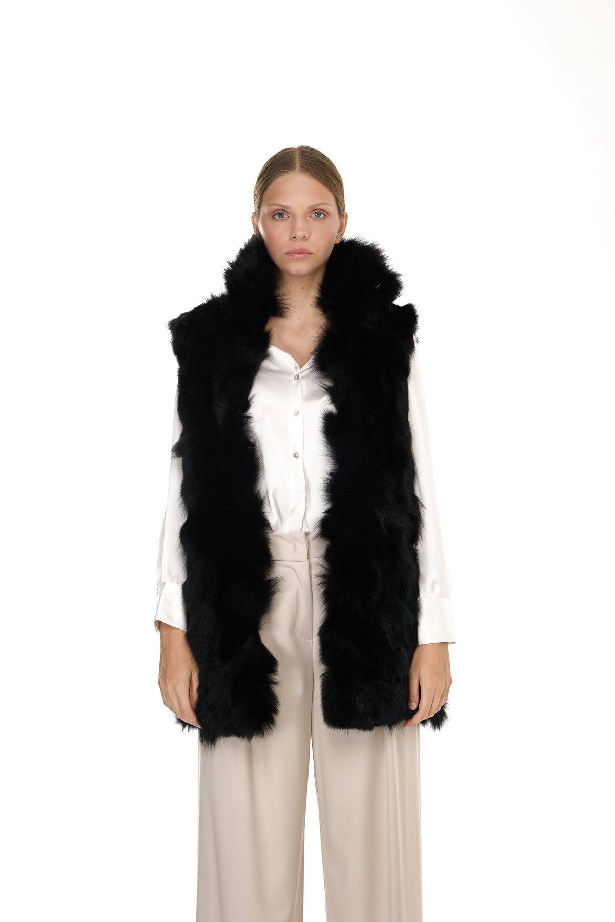 Parka x-long Elegant BLACK con Collo Alto e Gilet in pelliccia Removibile