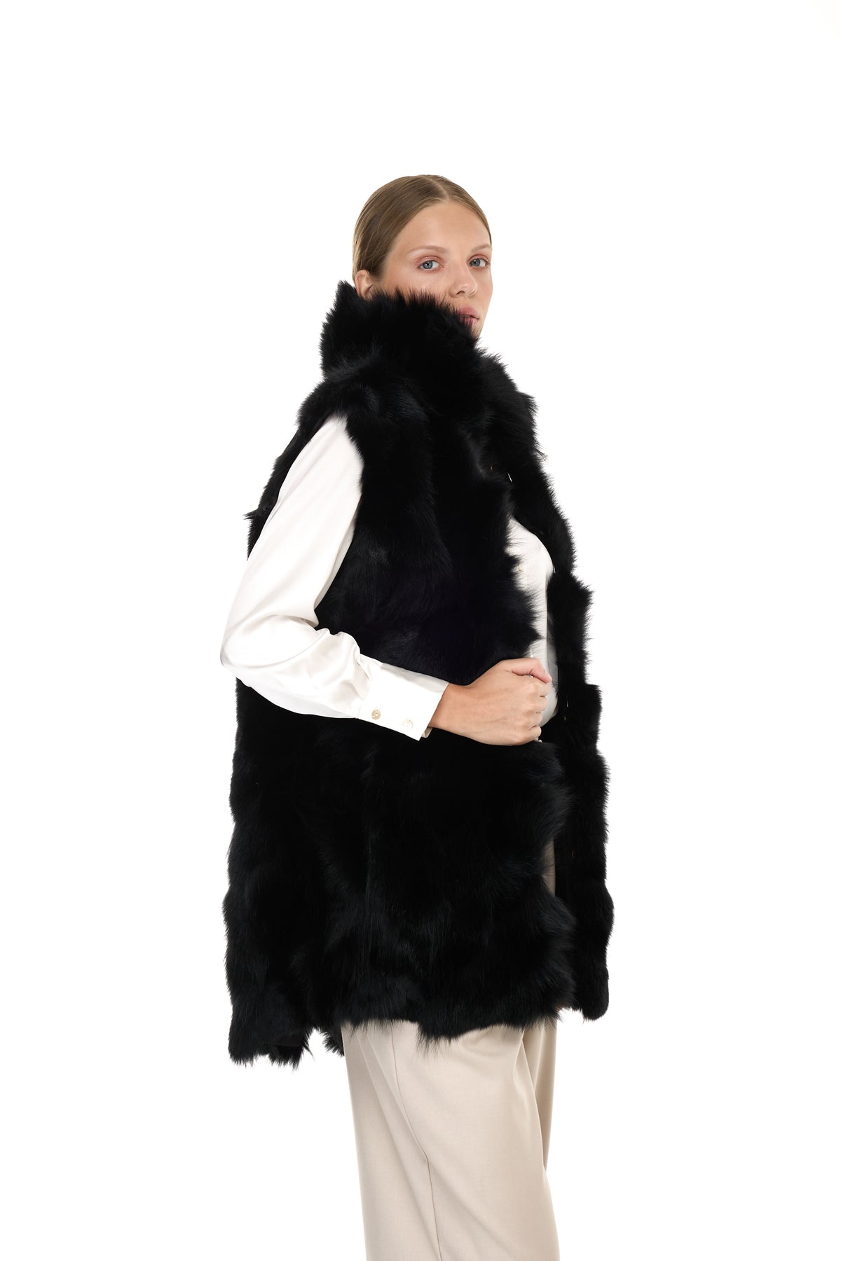 Parka x-long Elegant BLACK con Collo Alto e Gilet in pelliccia Removibile