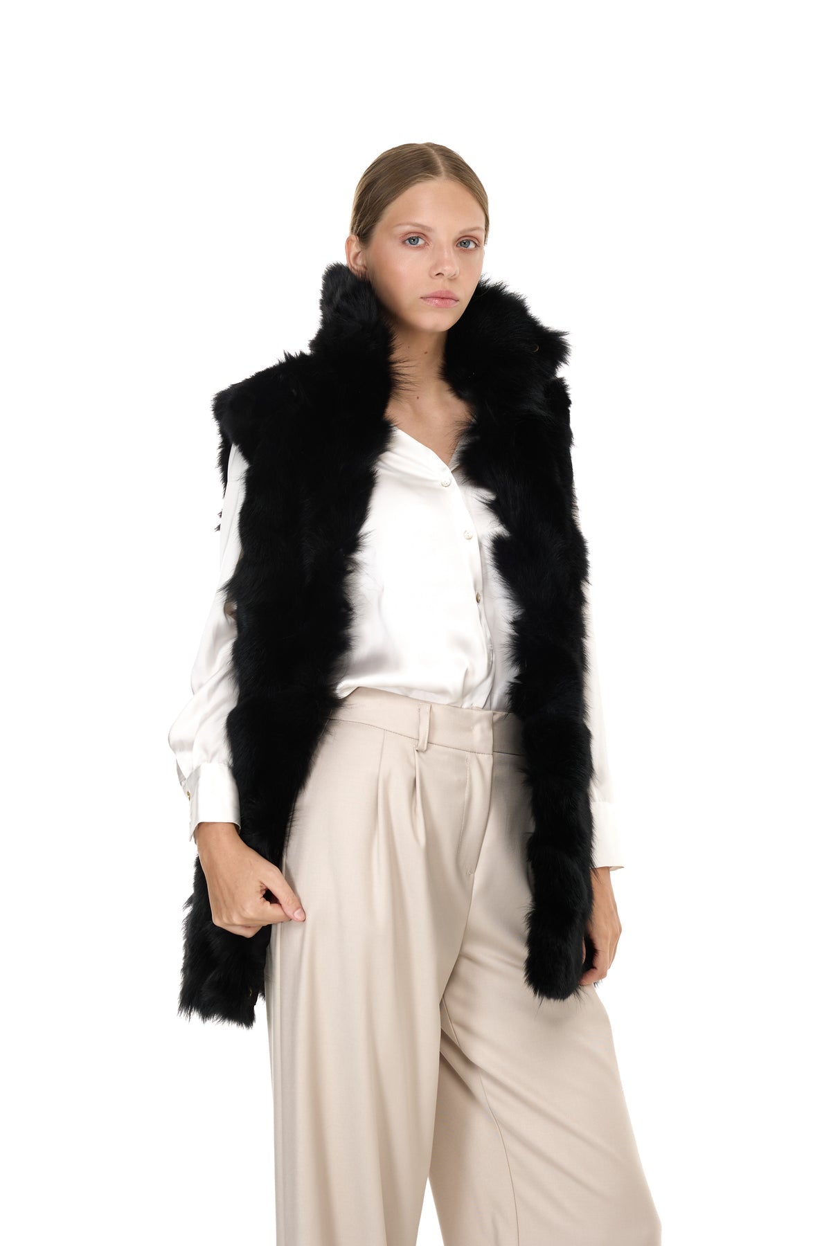 Parka x-long Elegant BLACK con Collo Alto e Gilet in pelliccia Removibile