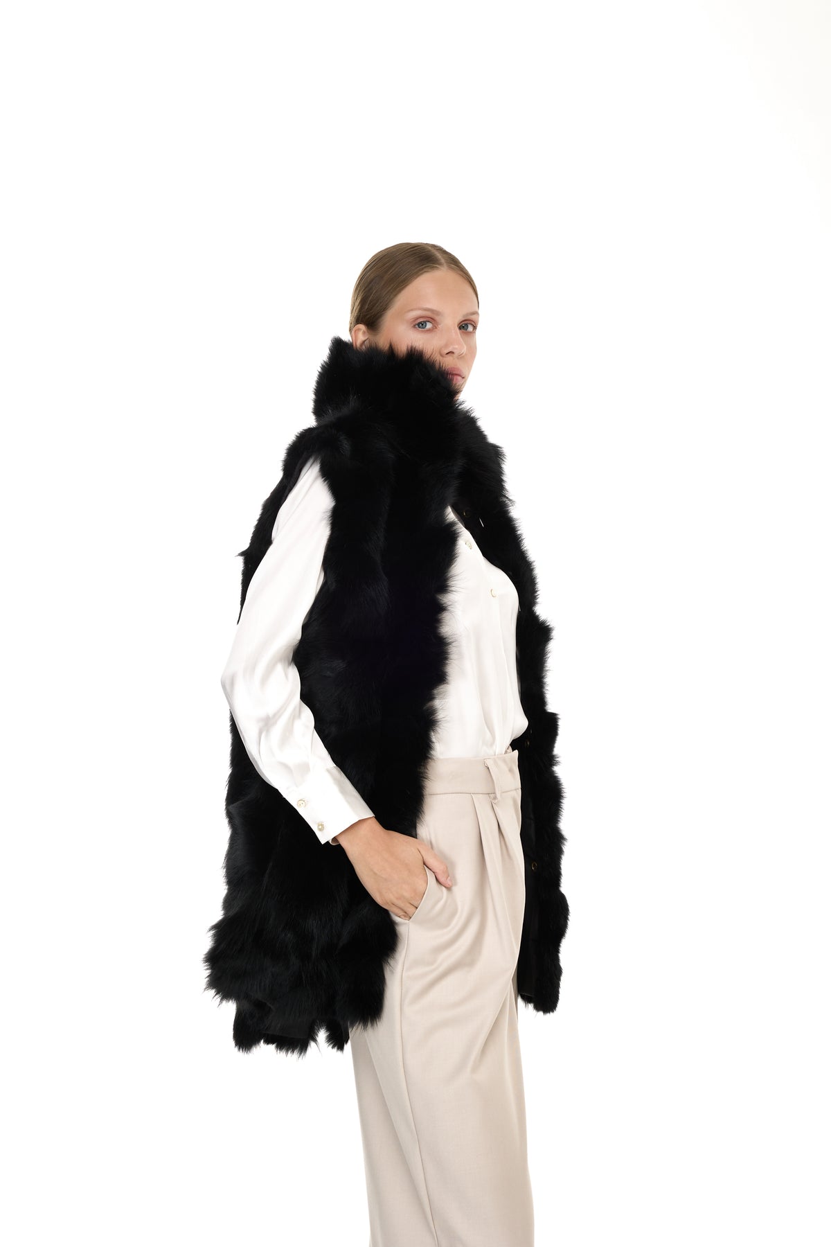 Parka x-long Elegant BLACK con Collo Alto e Gilet in pelliccia Removibile