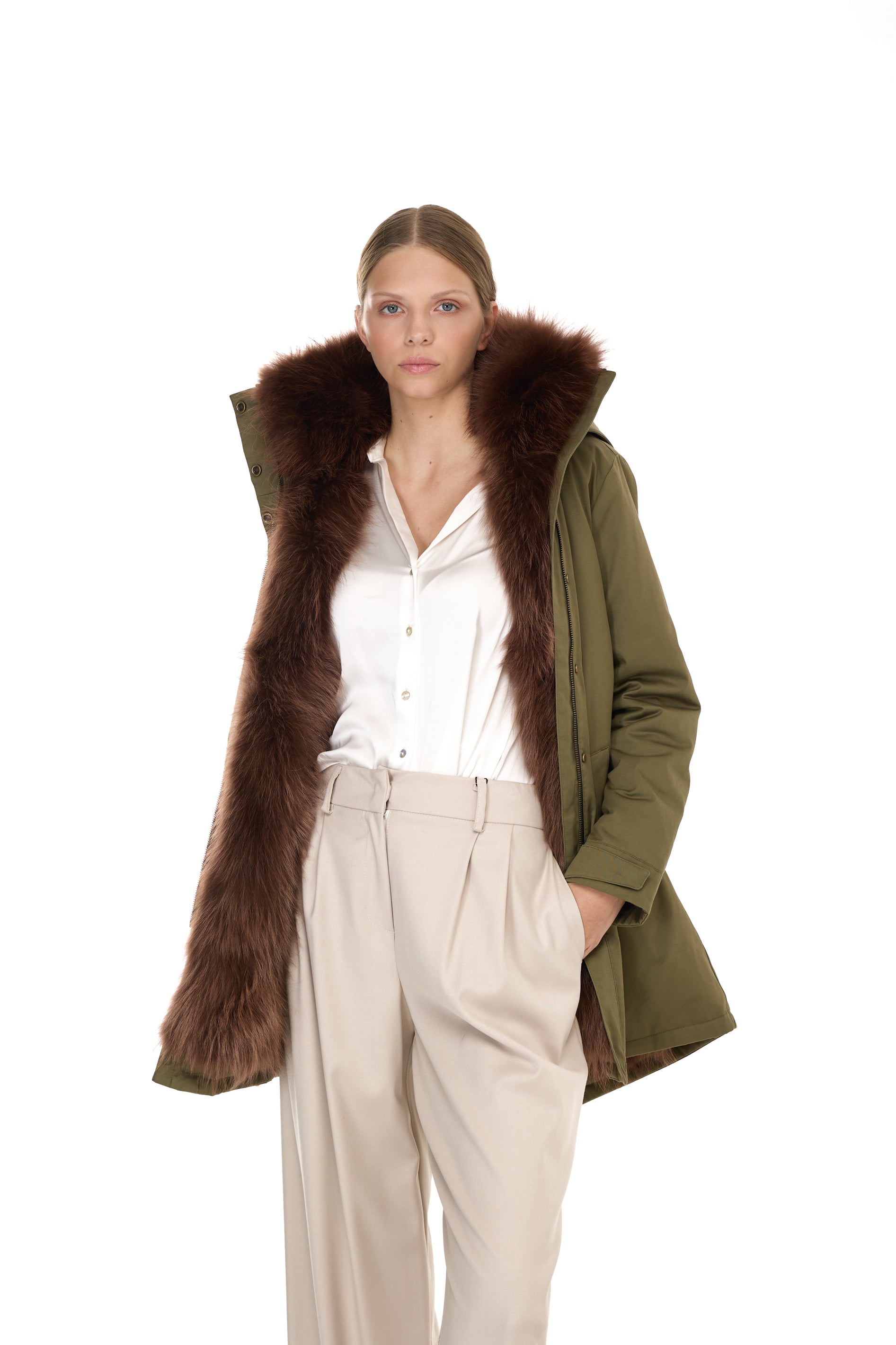 Elegant BROWN Parka with High Collar and Removable Fur Vest
