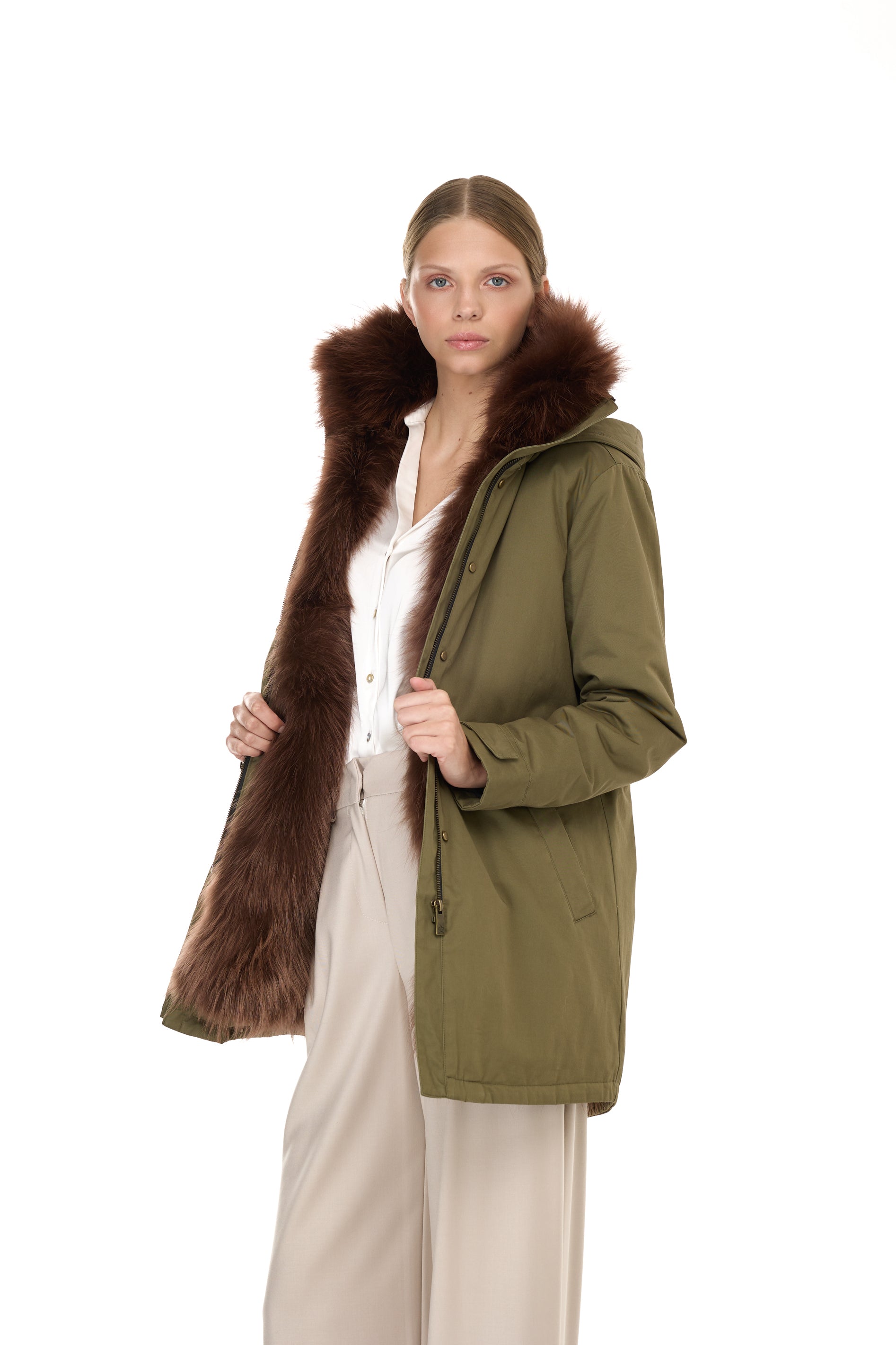 Parka Elegant BROWN con Collo Alto e Gilet in pelliccia Removibile