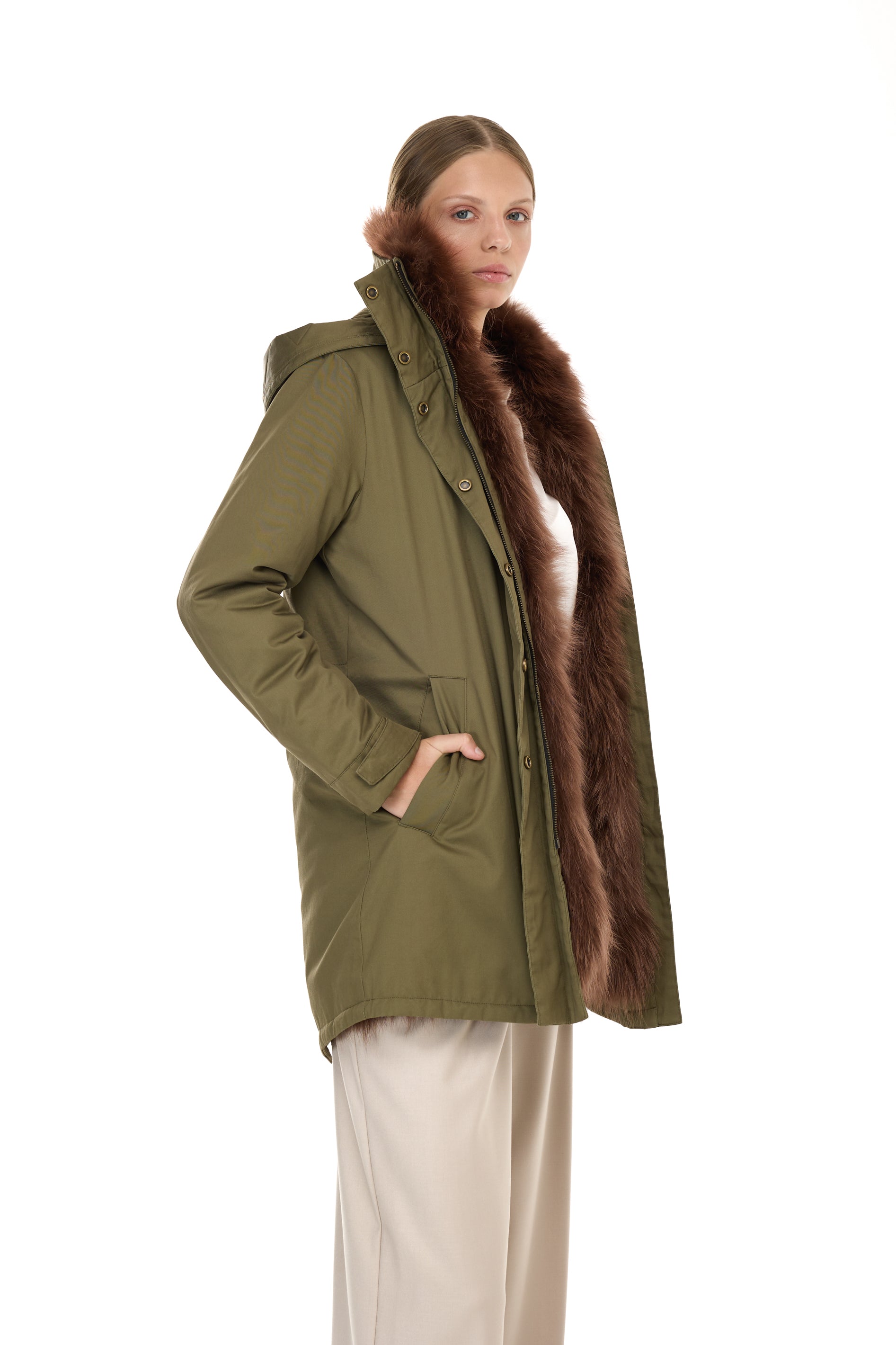 Elegant BROWN Parka with High Collar and Removable Fur Vest