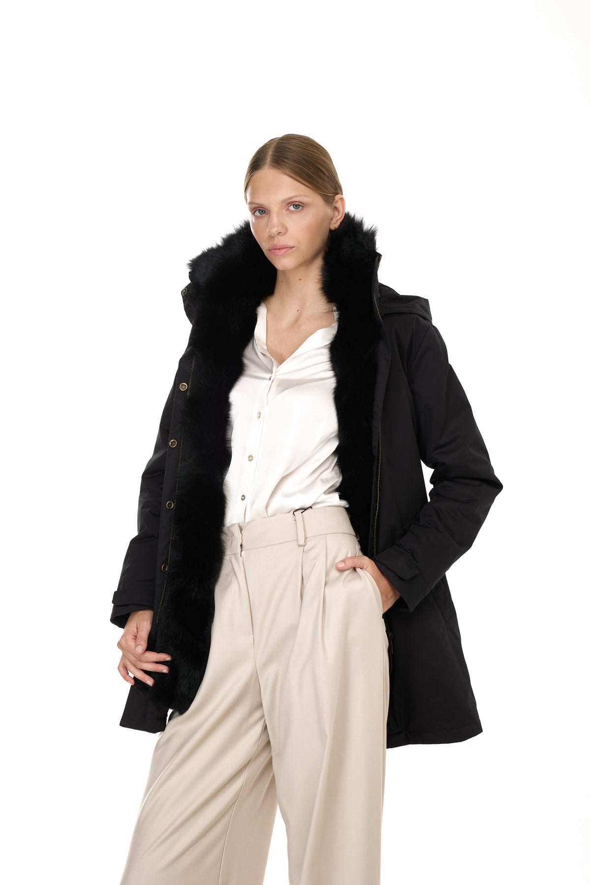 Elegant BLACK Parka with High Collar and Removable Fur Vest