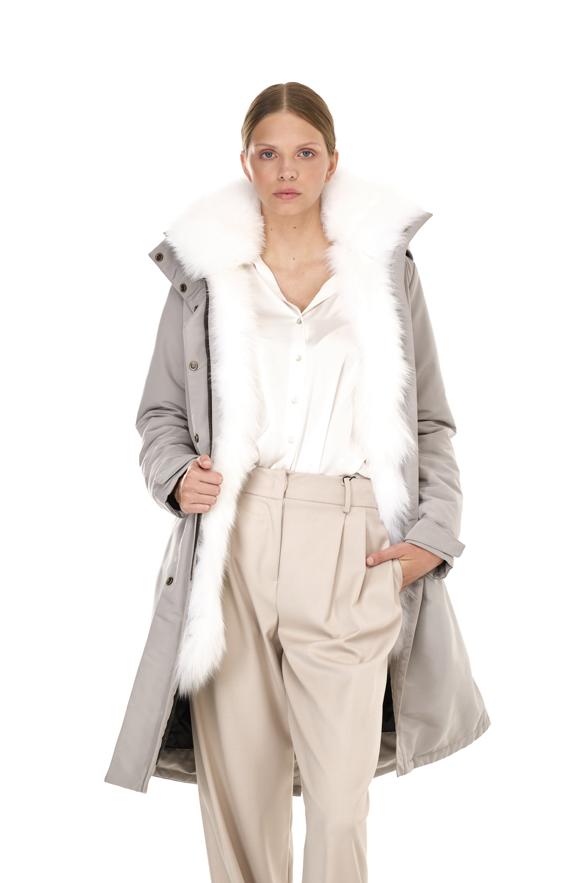 Parka X-Long Elegant WHITE FOX  con Collo Alto e Gilet in pelliccia Removibile