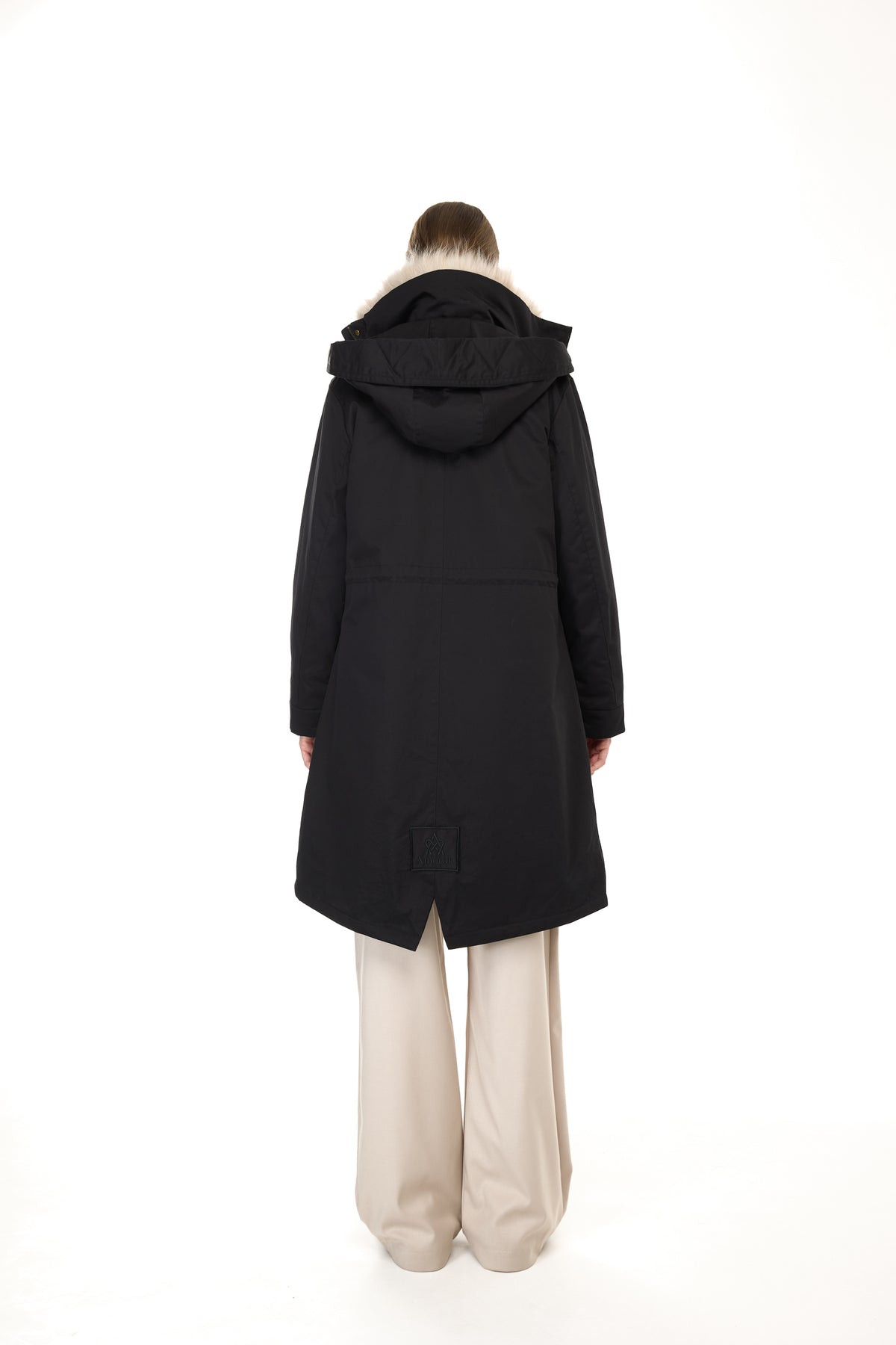 Elegant BEIGE x-long parka with high collar and removable fur vest