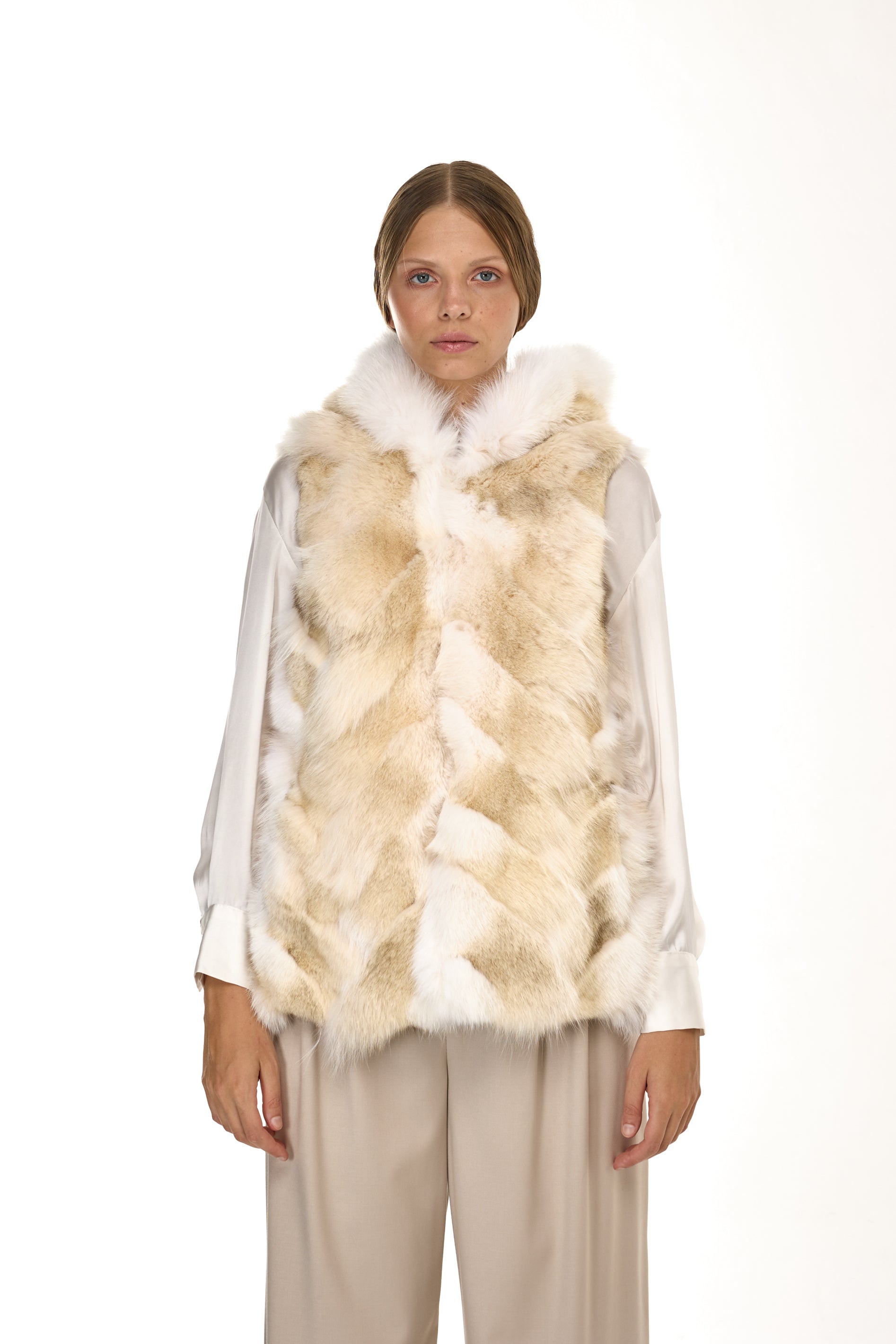 Urban WHITE short parka in waterproof cotton blend with coyote vest