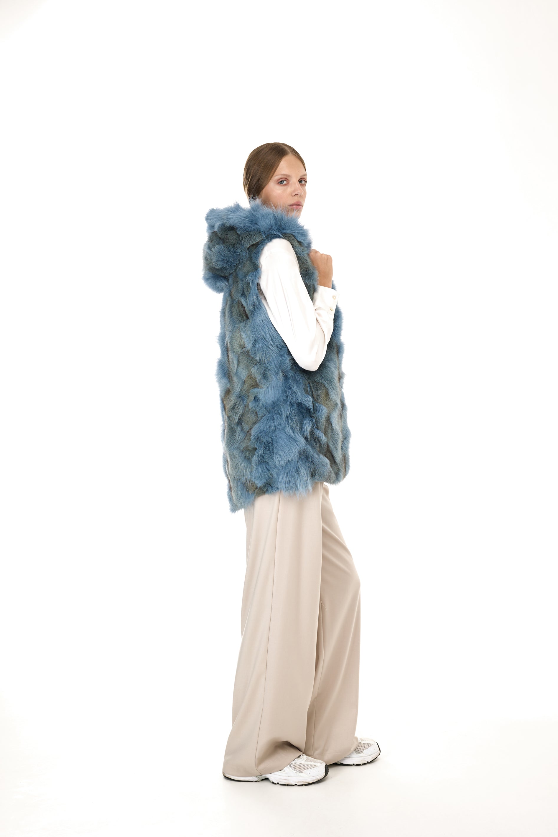 Urban GREYISH BLUE long parka in waterproof cotton blend with coyote vest