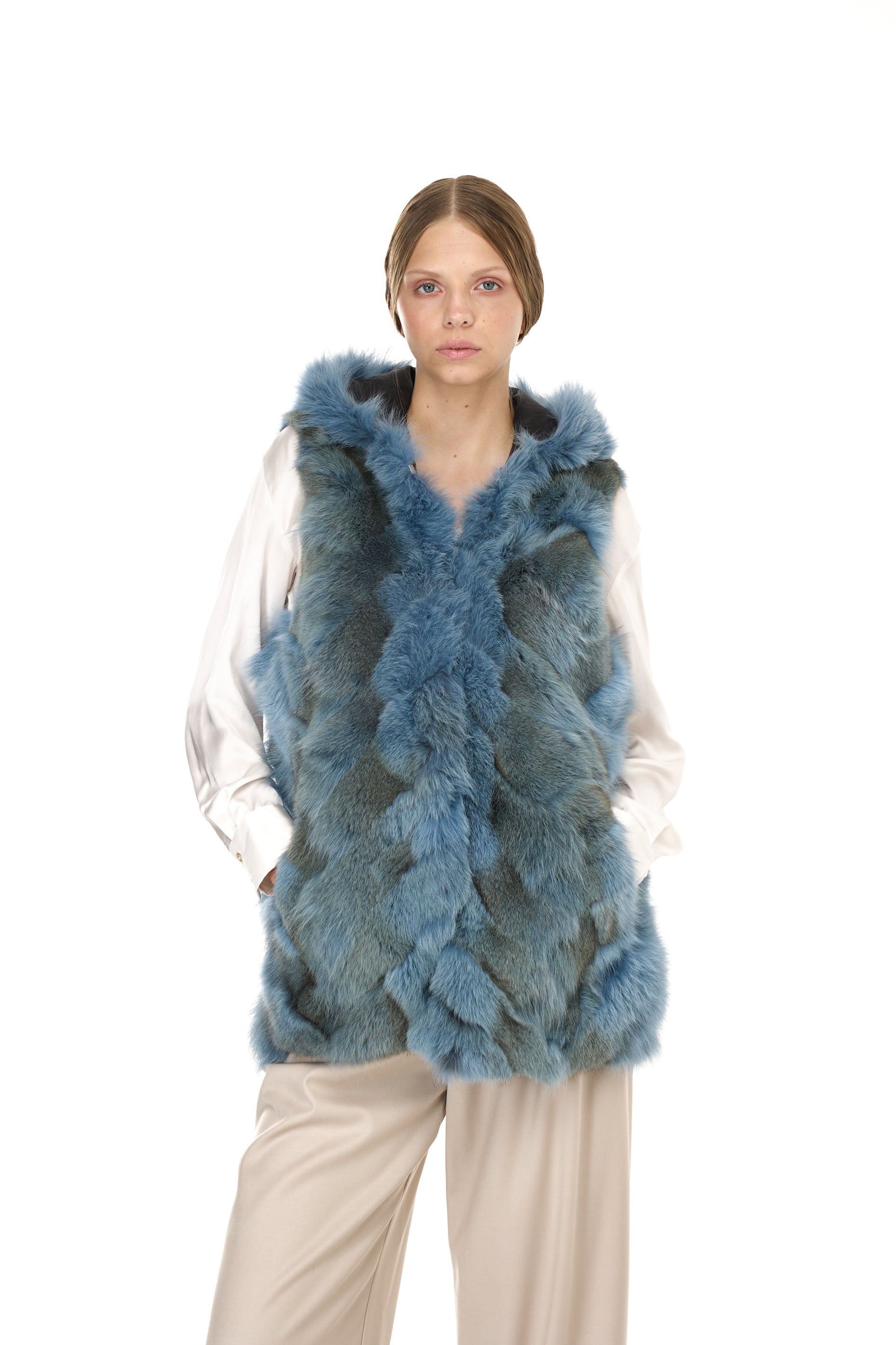 Urban GREYISH BLUE long parka in waterproof cotton blend with coyote vest