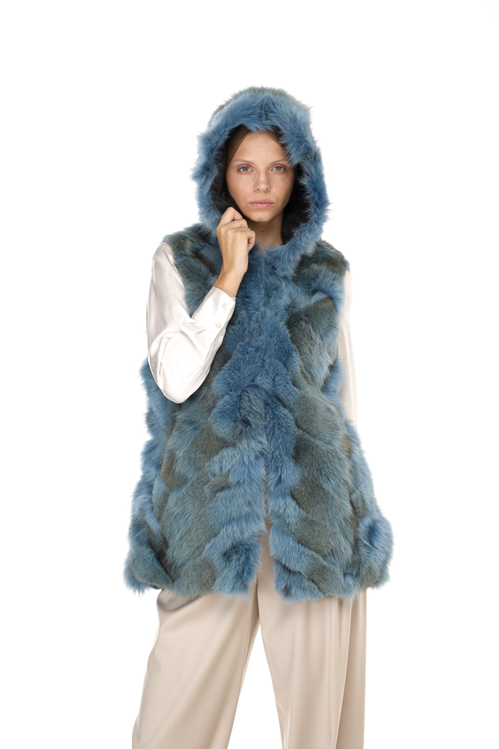 Urban GREYISH BLUE long parka in waterproof cotton blend with coyote vest