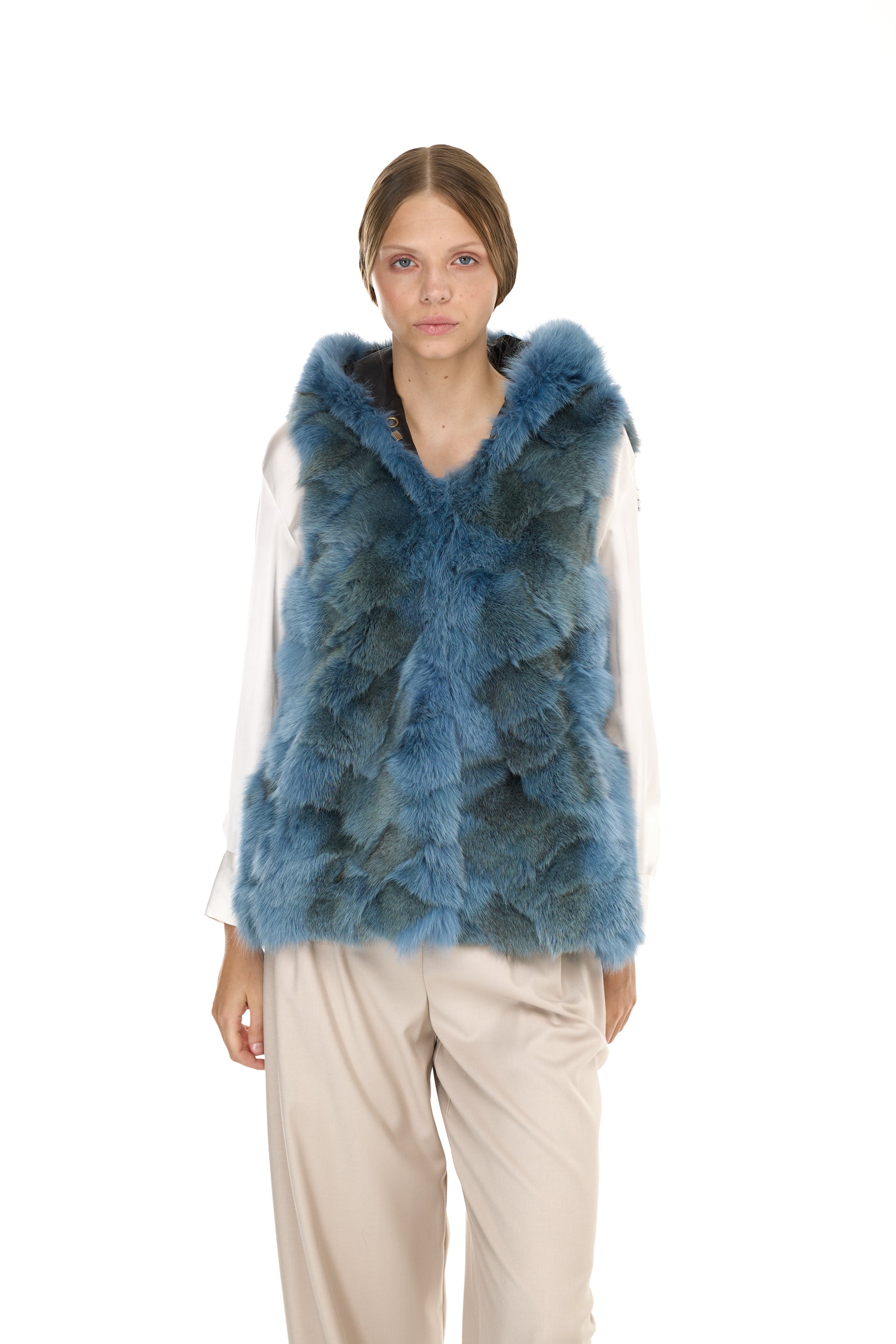 Urban GREYISH BLUE short parka in waterproof cotton blend with coyote vest