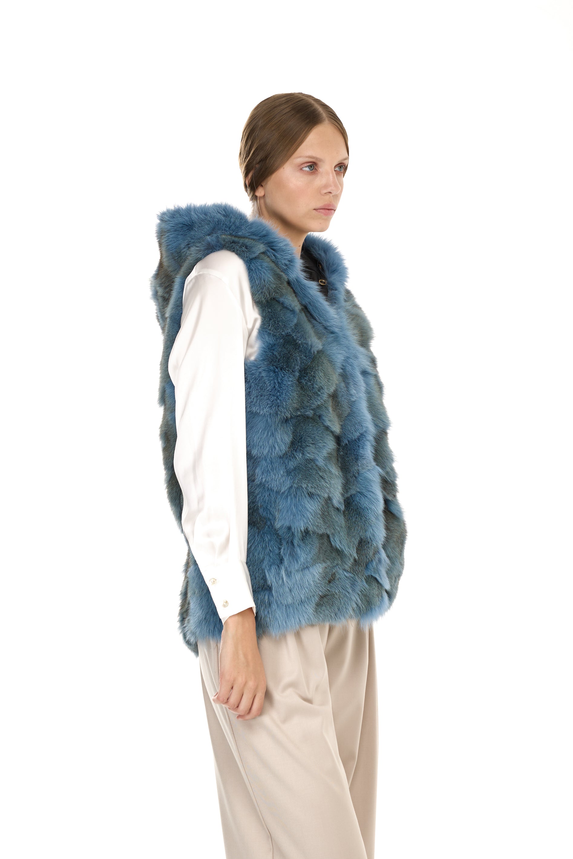 Urban GREYISH BLUE short parka in waterproof cotton blend with coyote vest