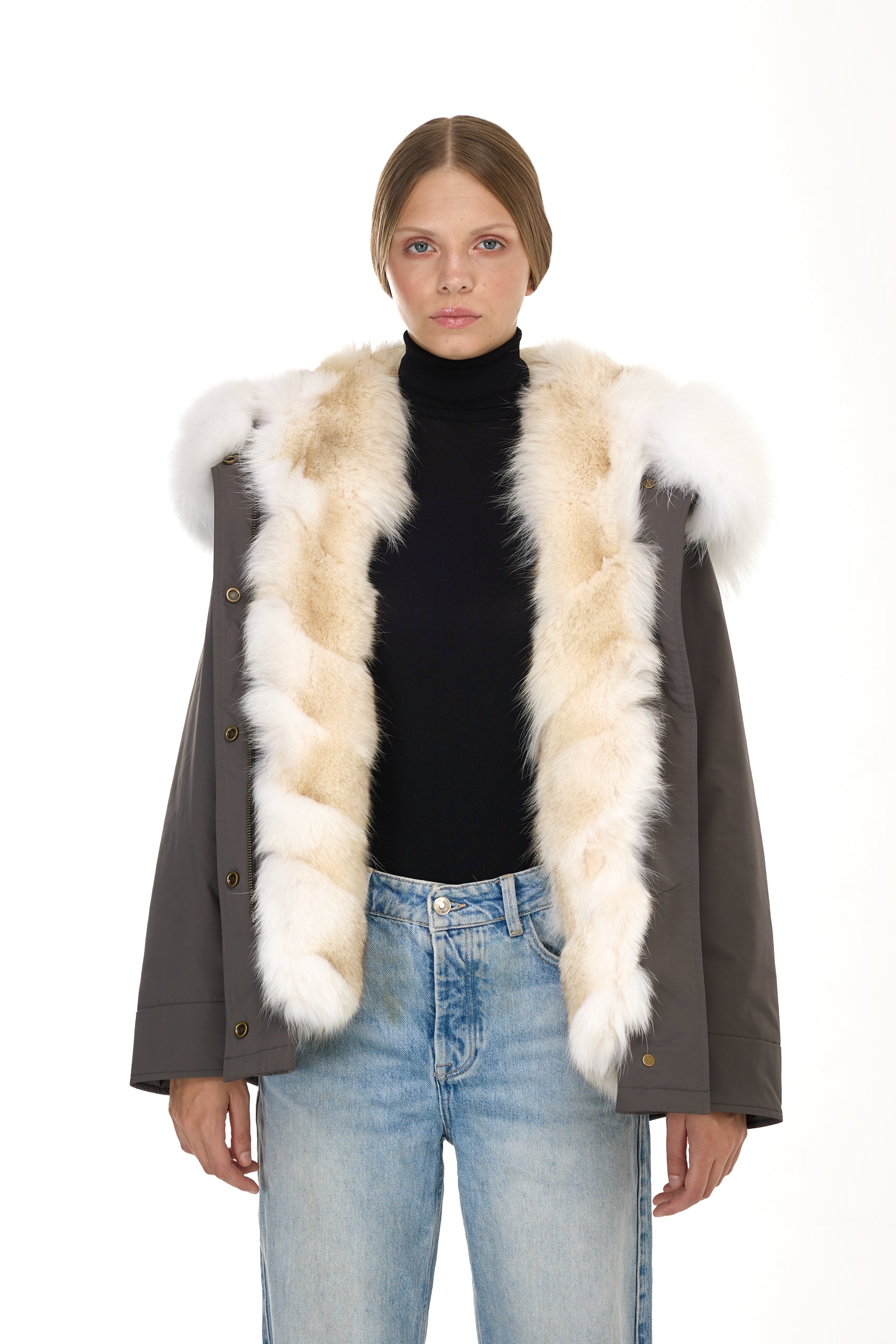 Urban WHITE short parka in waterproof cotton blend with coyote vest