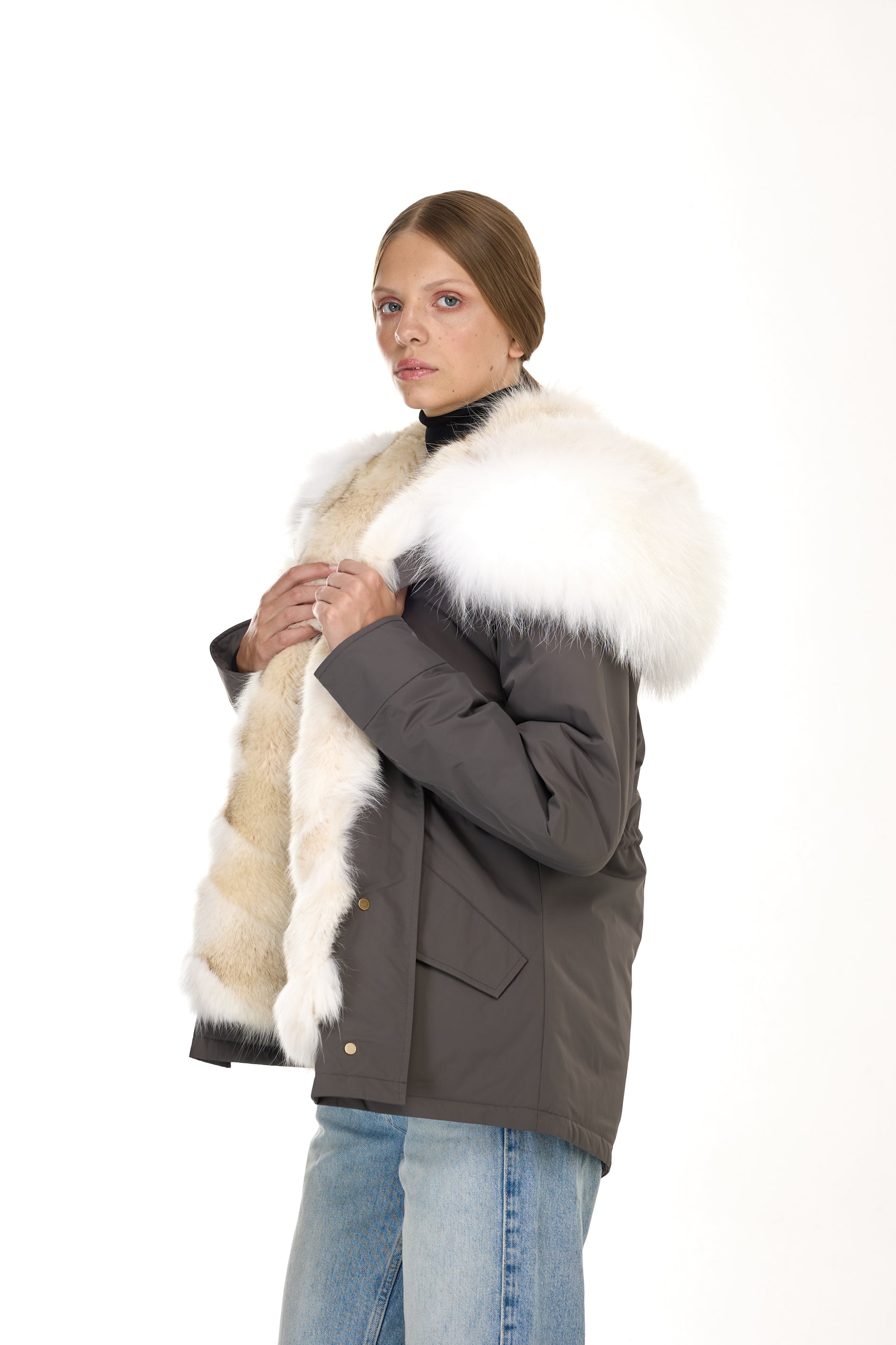 Urban WHITE short parka in waterproof cotton blend with coyote vest