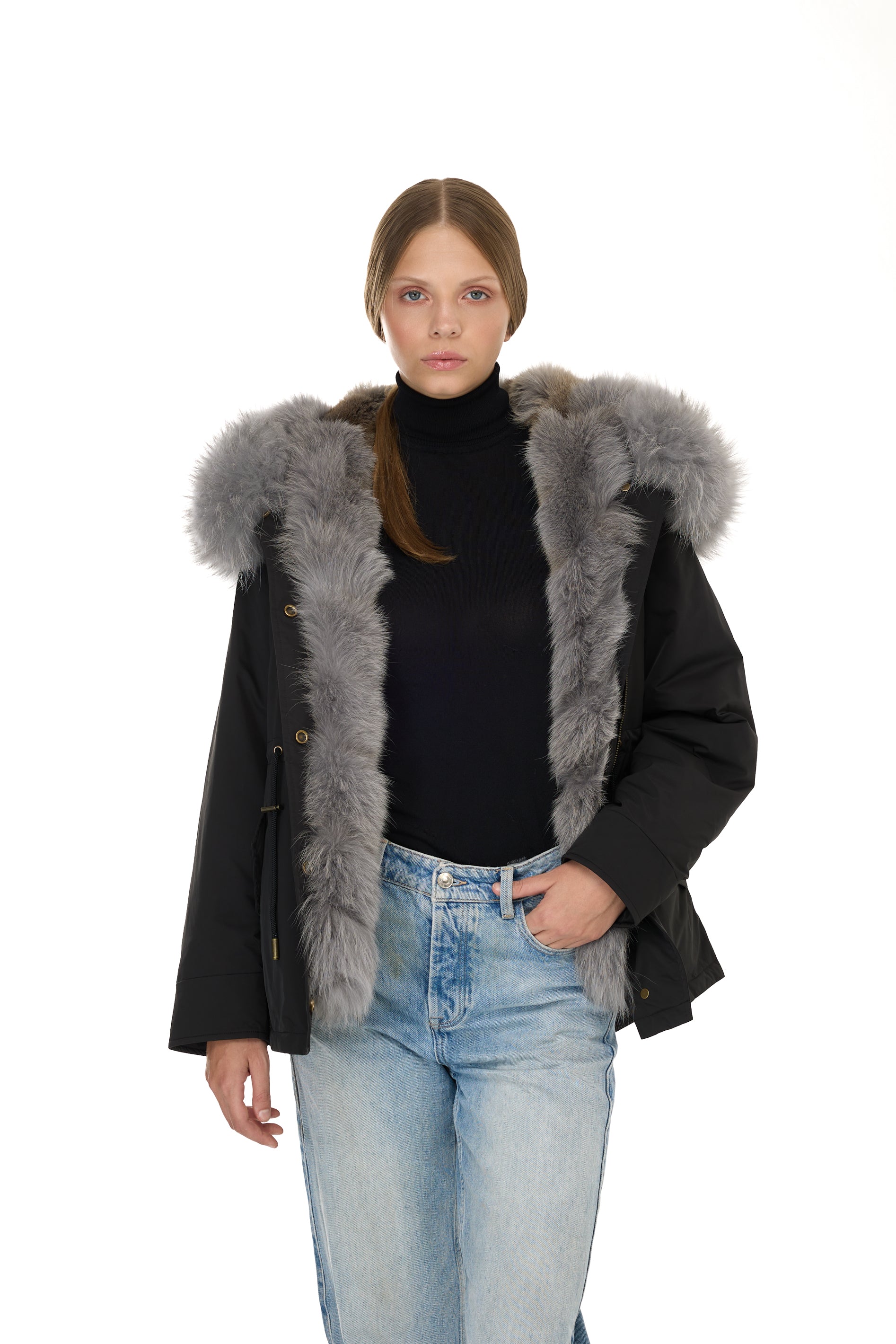 Urban GRAY short parka in waterproof cotton blend with coyote vest