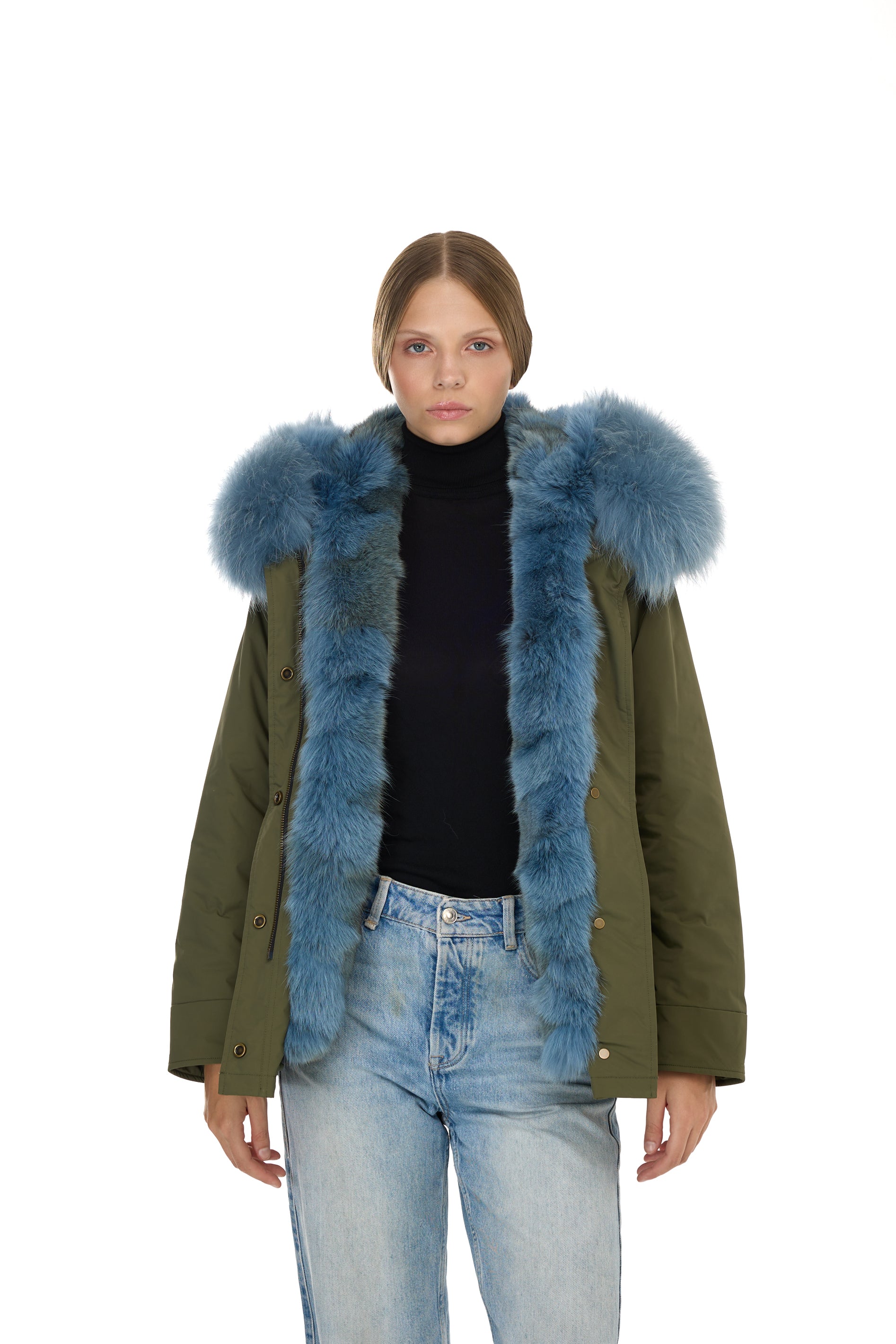 Urban GREYISH BLUE short parka in waterproof cotton blend with coyote vest