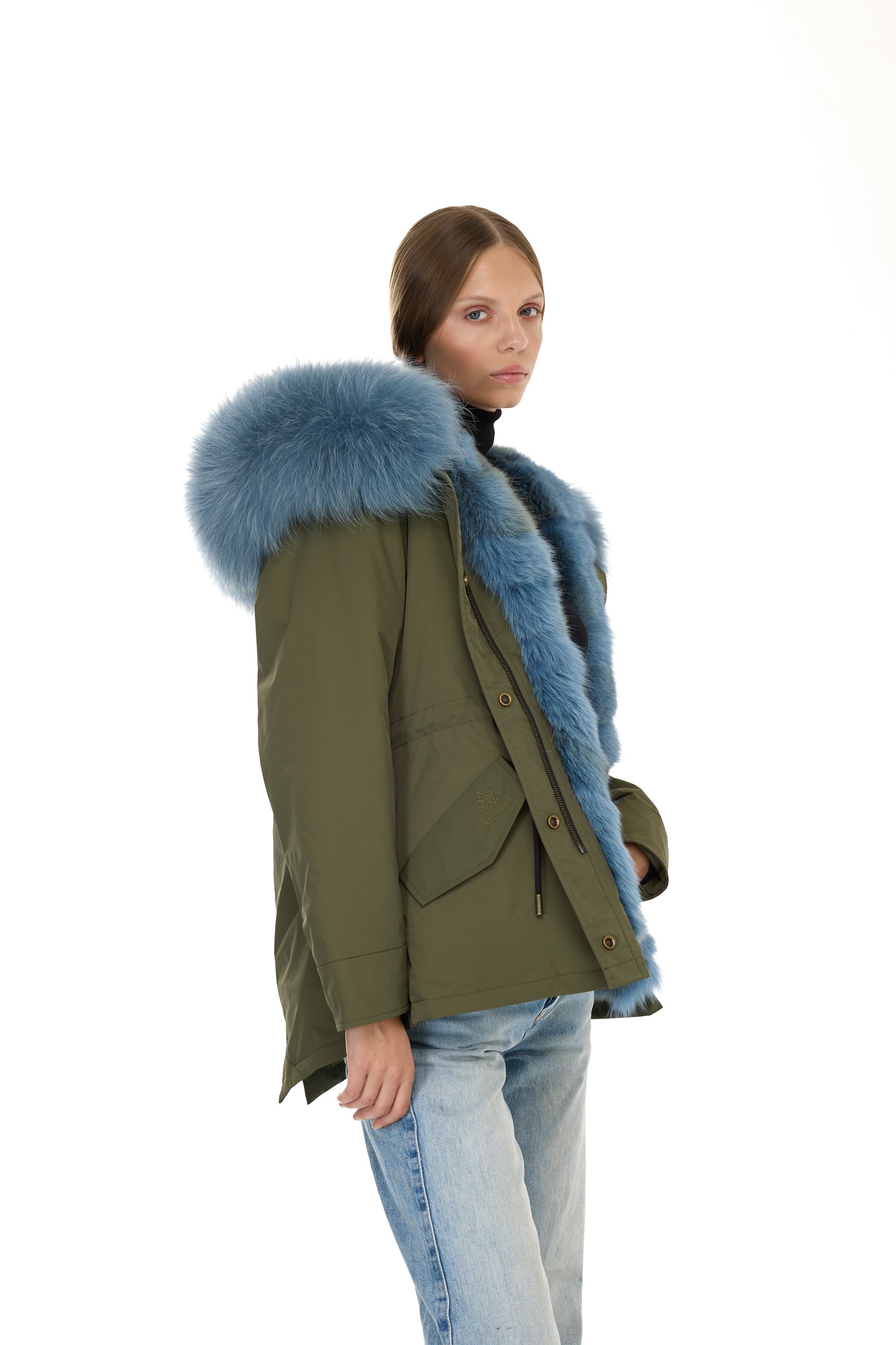 Urban GREYISH BLUE short parka in waterproof cotton blend with coyote vest