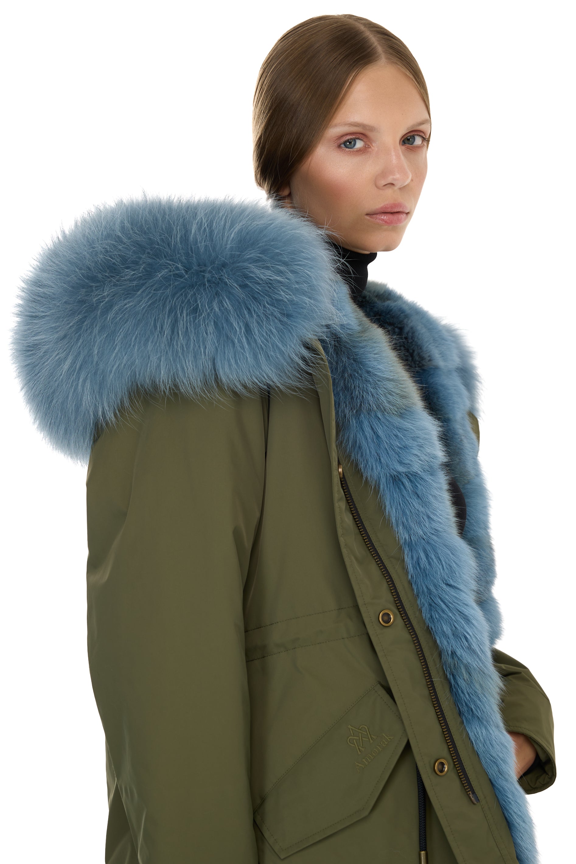 Urban GREYISH BLUE short parka in waterproof cotton blend with coyote vest