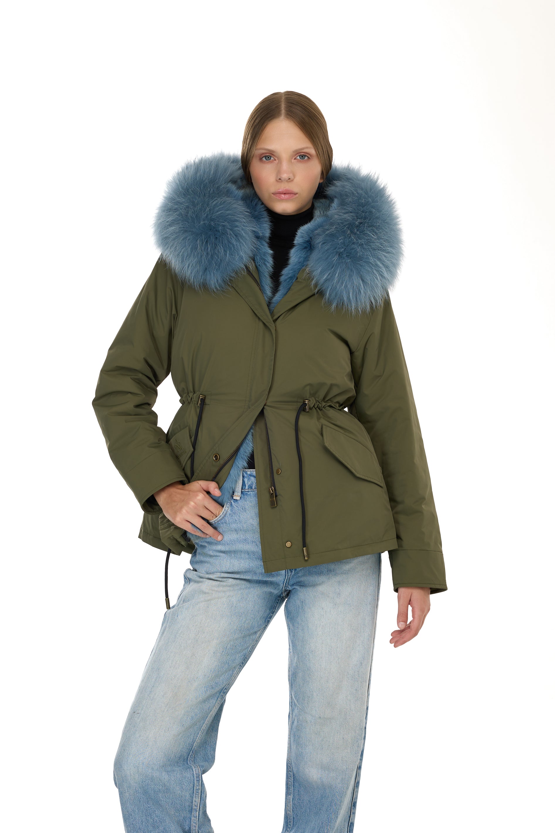 Urban GREYISH BLUE short parka in waterproof cotton blend with coyote vest