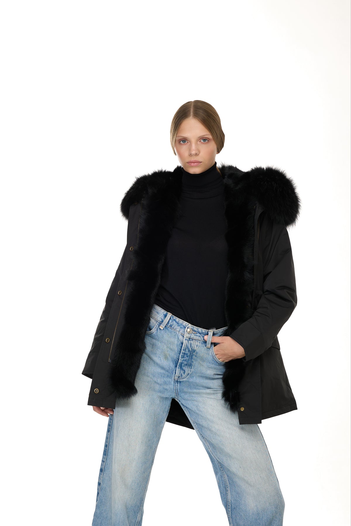 Urban BLACK long parka in waterproof cotton blend with vest