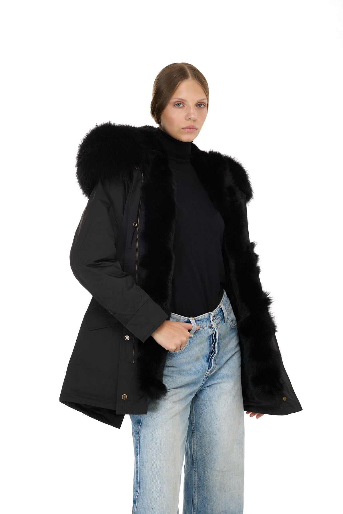 Urban BLACK long parka in waterproof cotton blend with vest