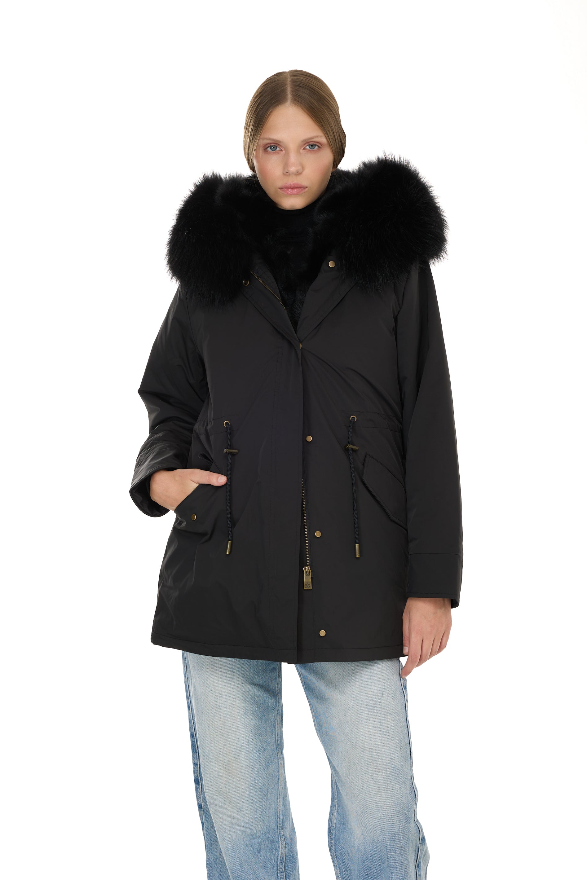 Urban BLACK long parka in waterproof cotton blend with vest