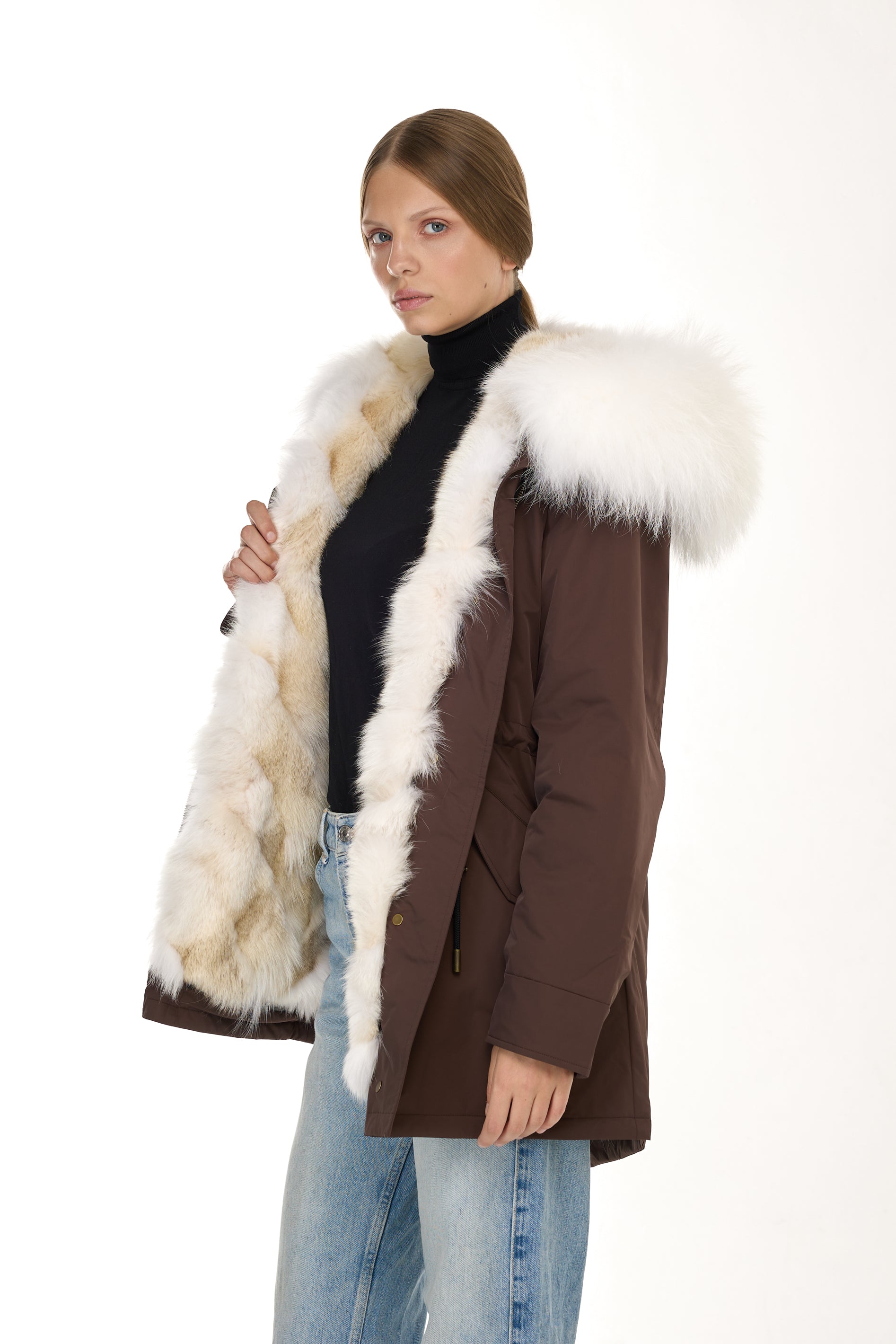 Urban WHITE long parka in waterproof cotton blend with coyote vest