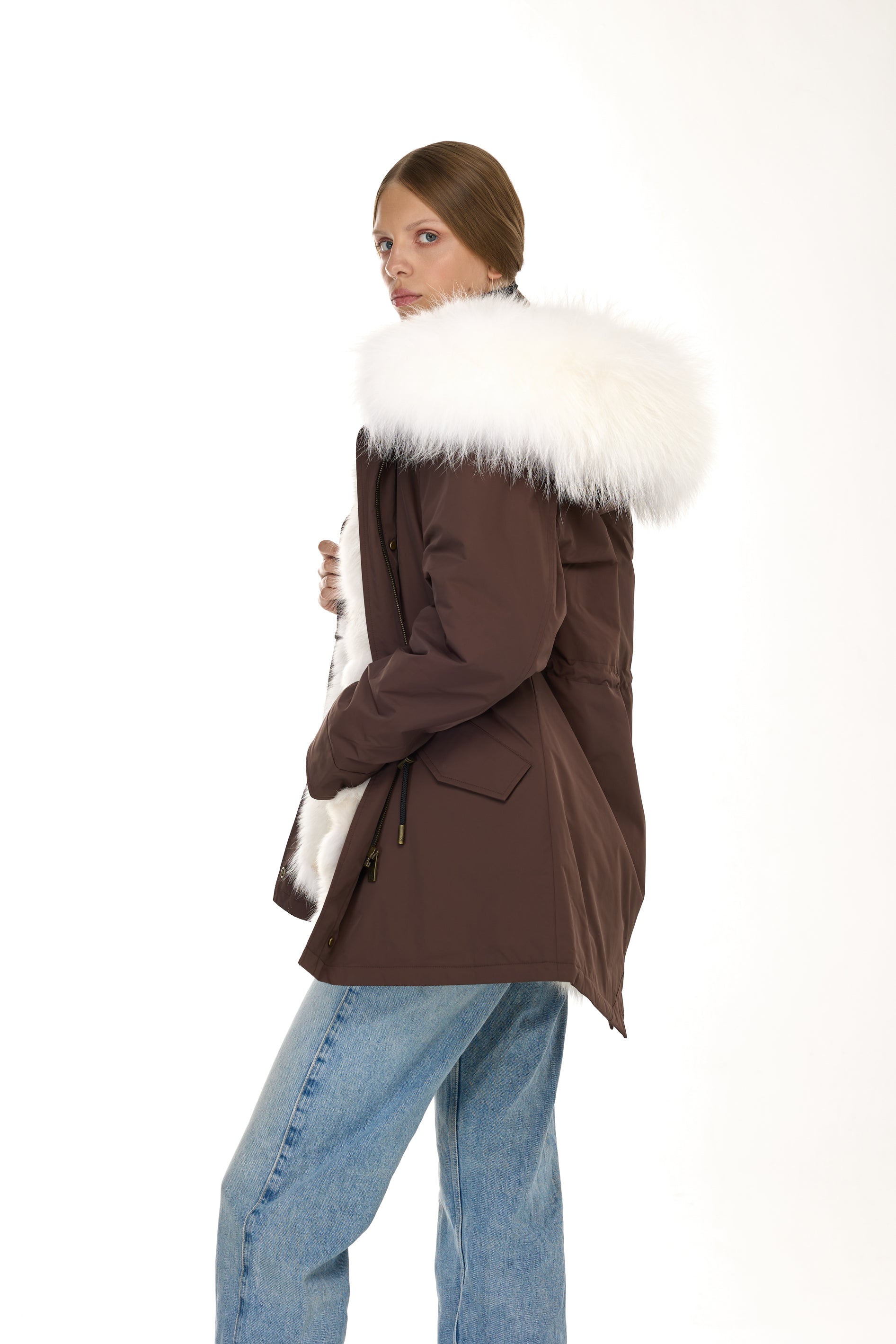 Urban WHITE long parka in waterproof cotton blend with coyote vest