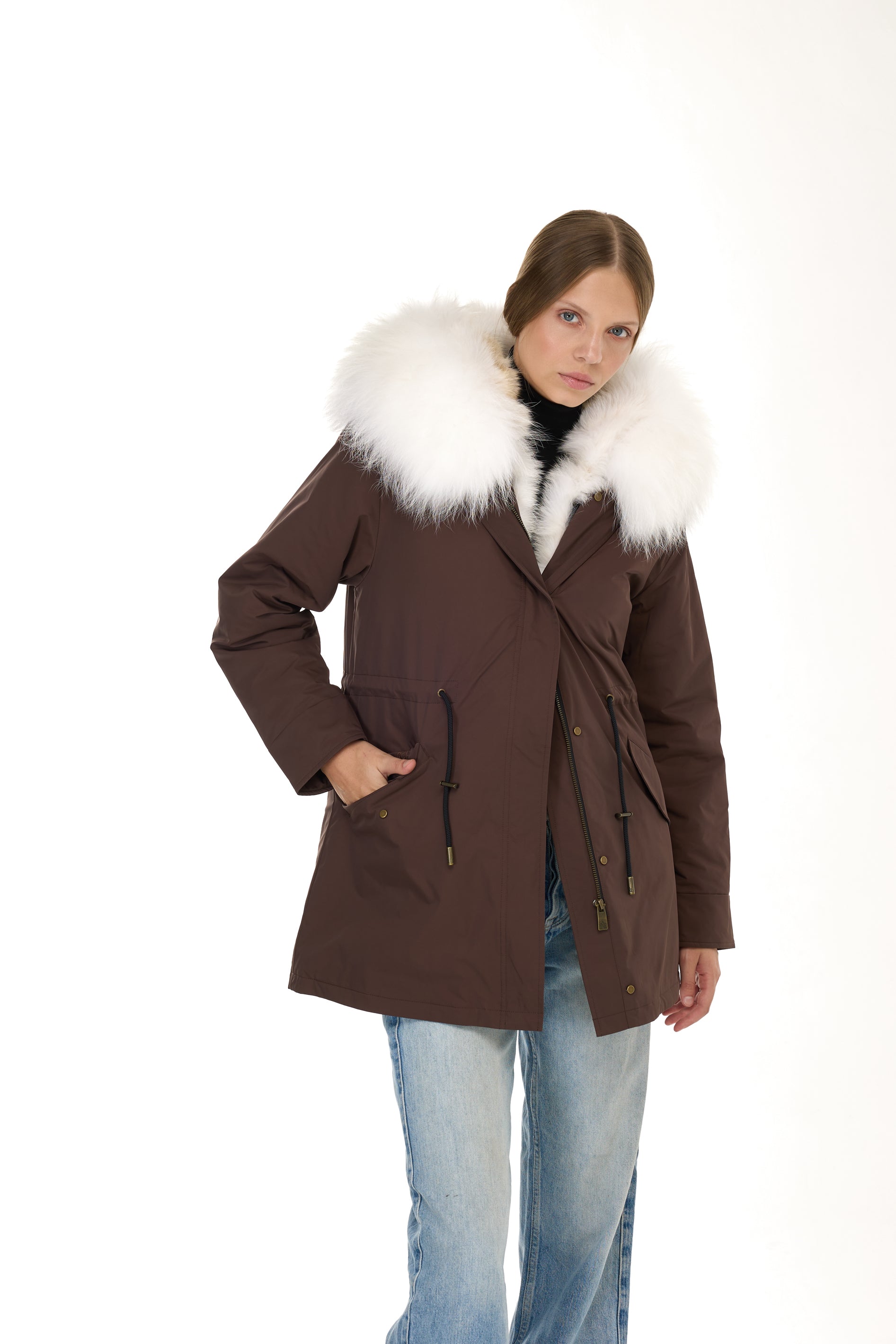 Urban WHITE long parka in waterproof cotton blend with coyote vest