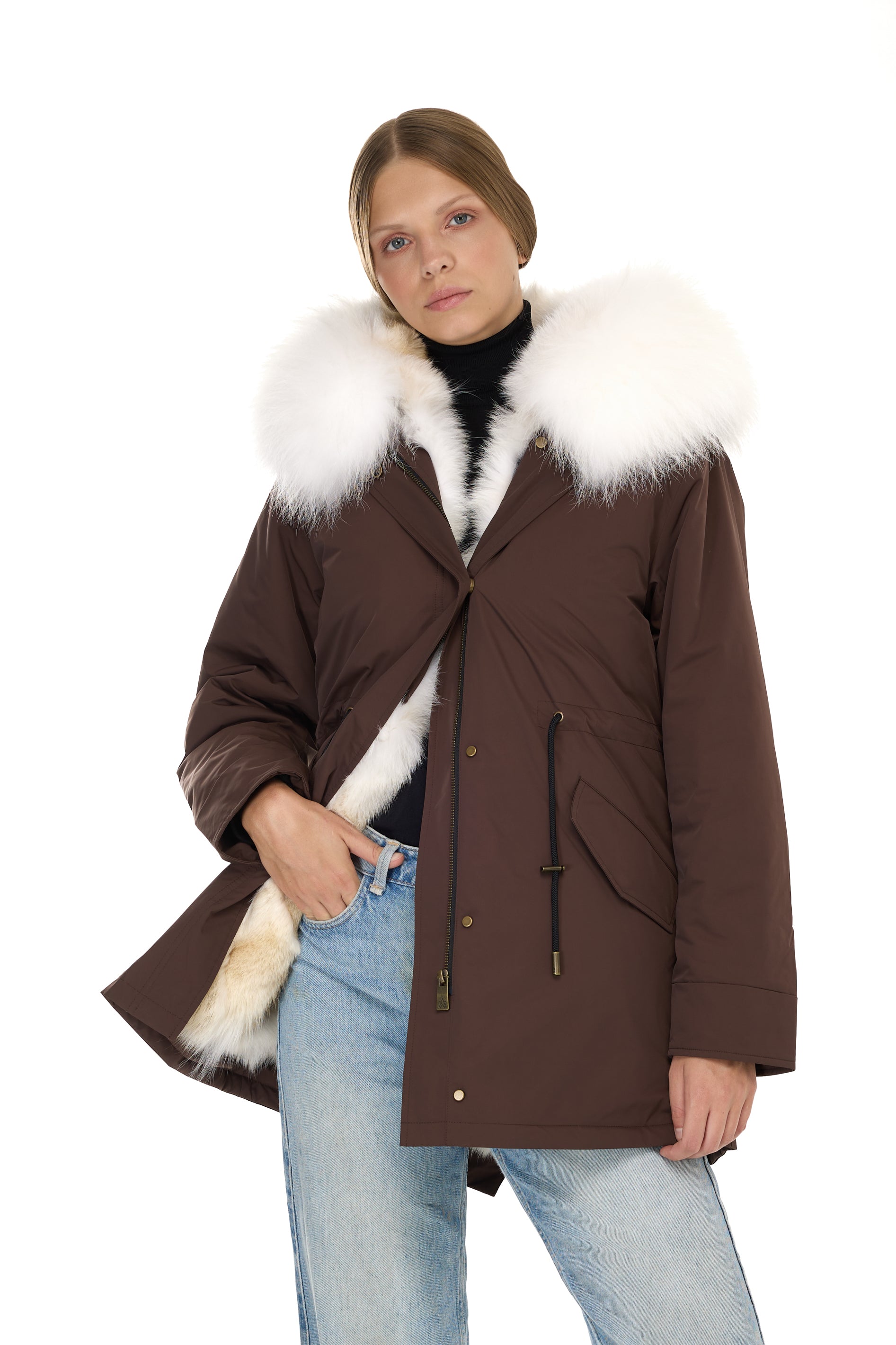 Urban WHITE long parka in waterproof cotton blend with coyote vest
