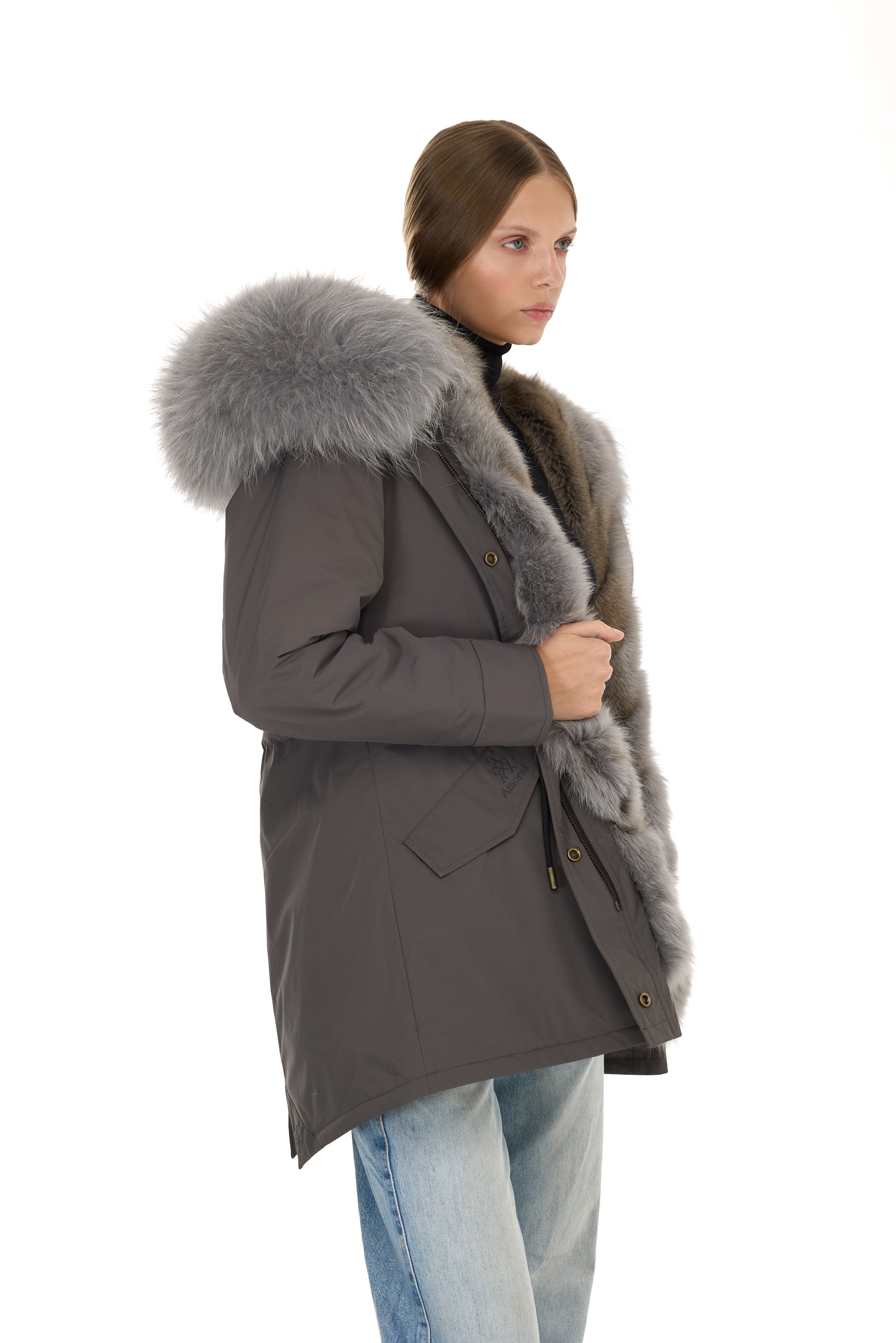 Parka long Urban GREY in Misto Cotone Impermeabile con Gilet in Coyote