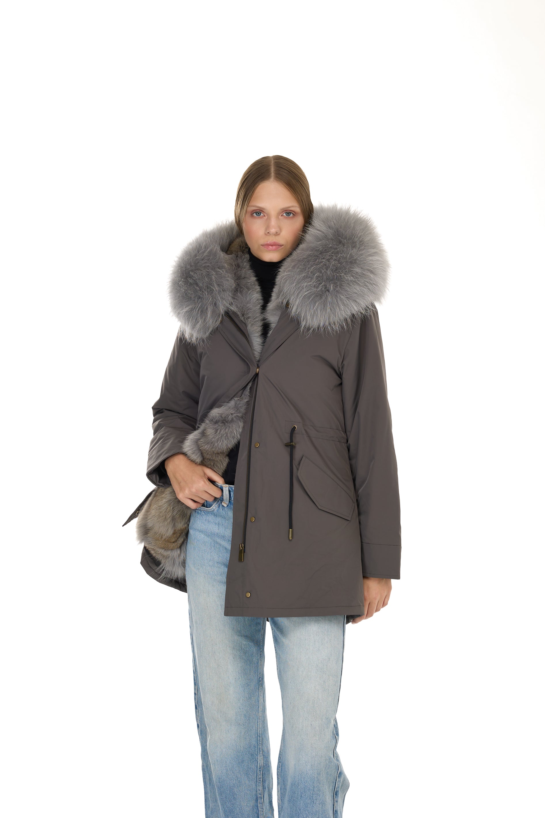 Parka long Urban GREY in Misto Cotone Impermeabile con Gilet in Coyote