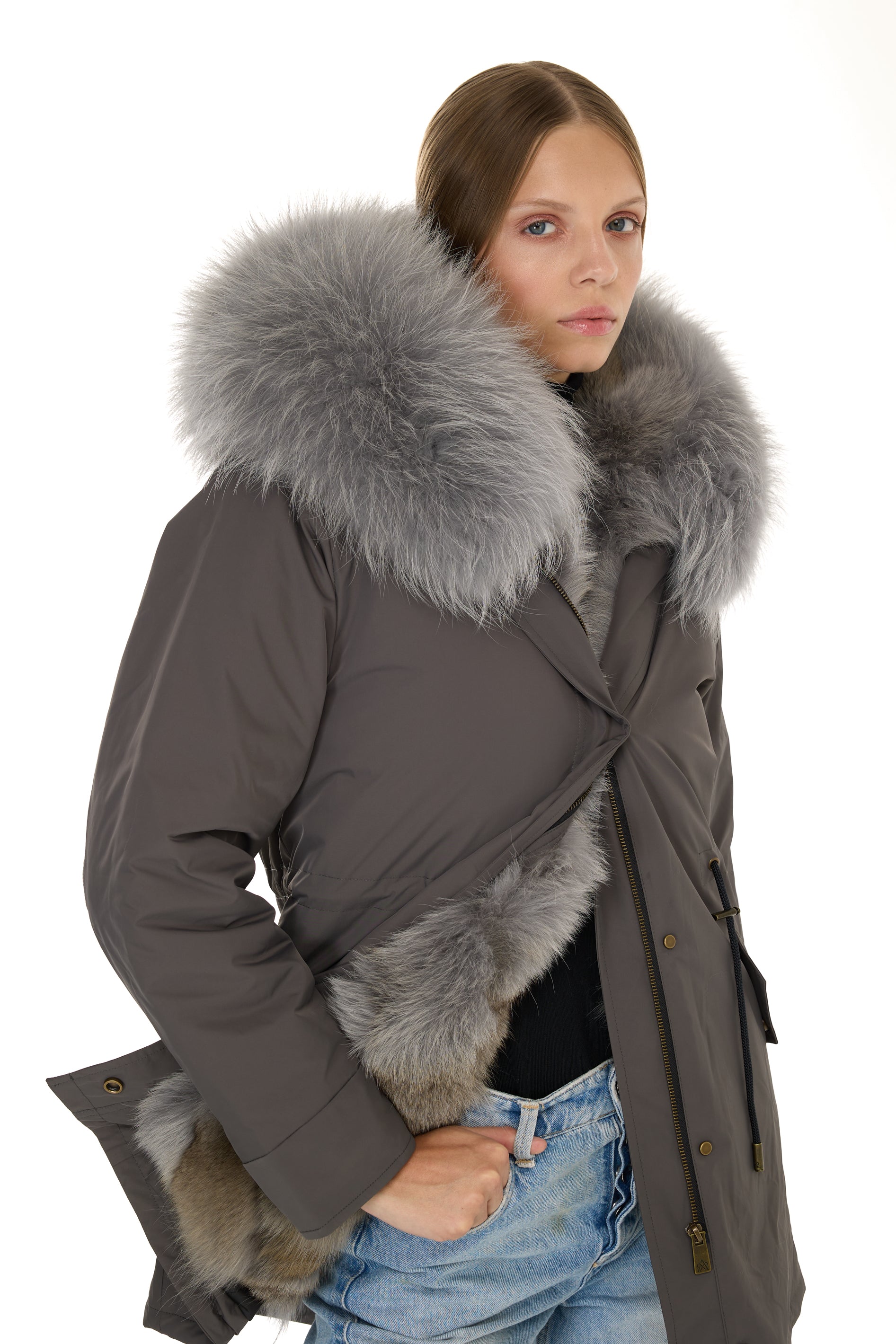 Urban GRAY long parka in waterproof cotton blend with coyote vest