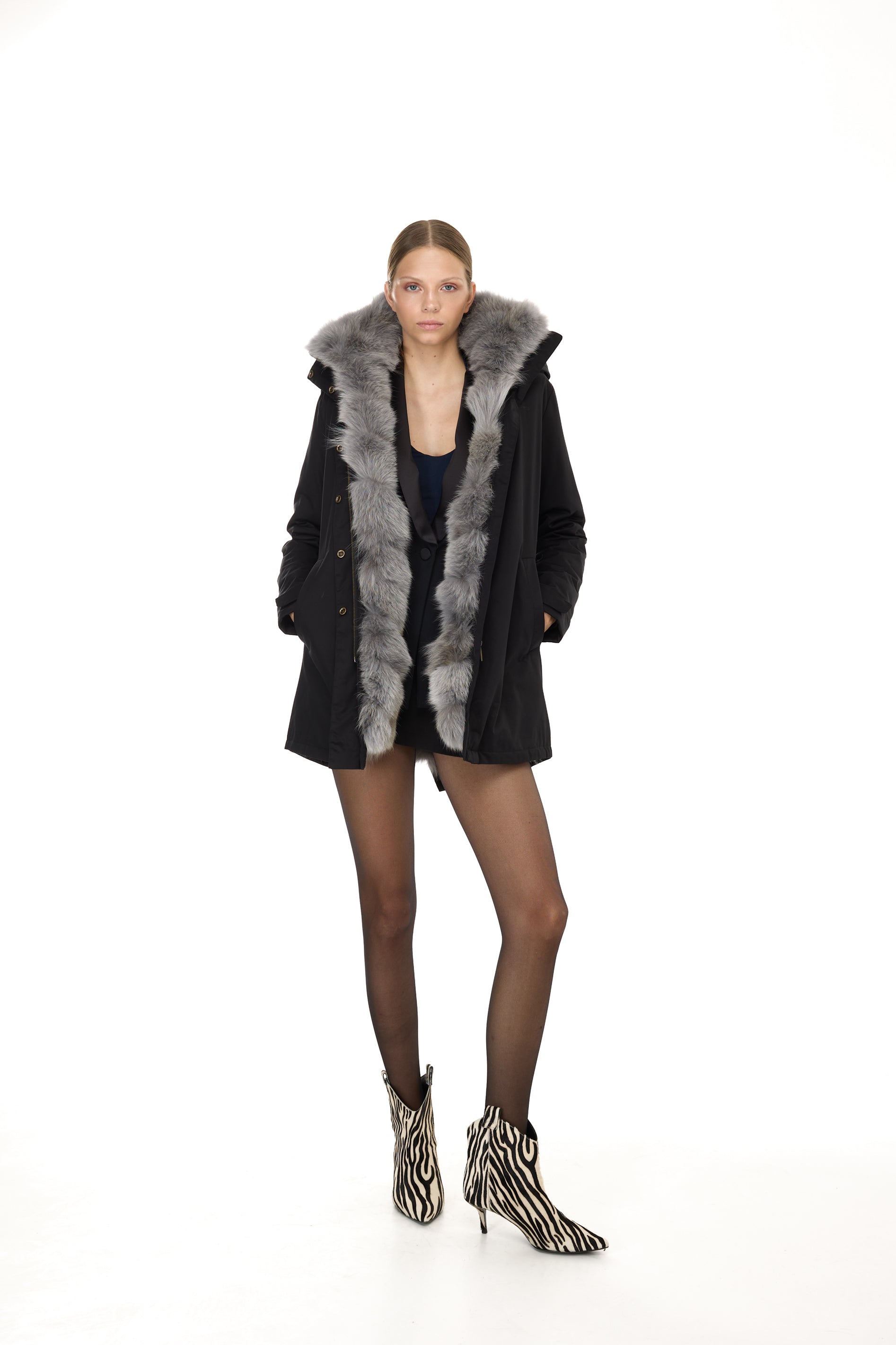 Parka Elegant GREY con Collo Alto e Gilet in pelliccia Removibile
