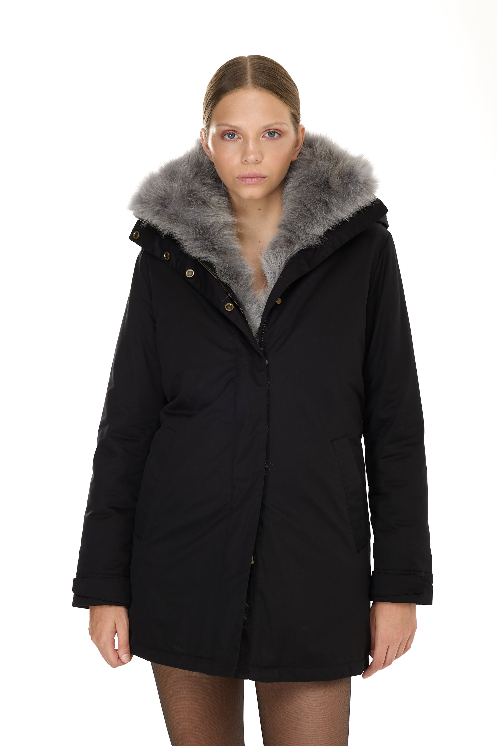 Parka Elegant GREY con Collo Alto e Gilet in pelliccia Removibile